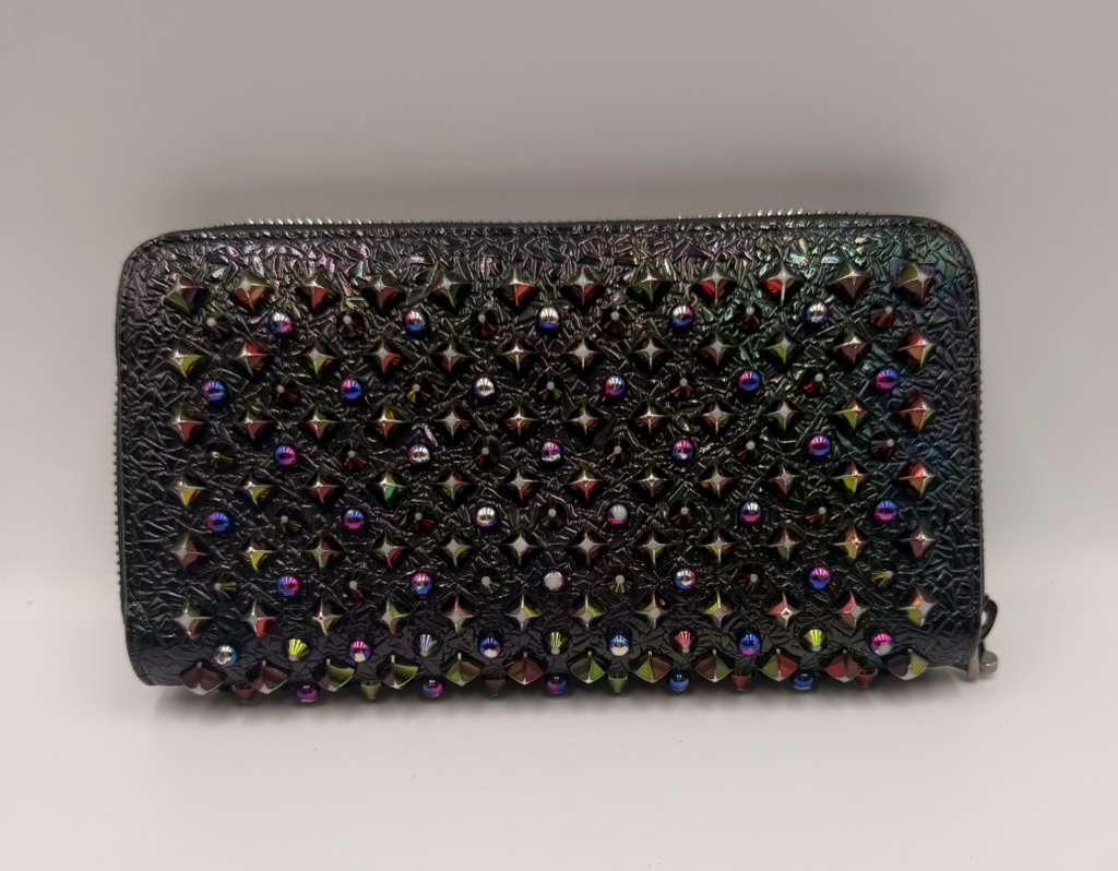 Christian Louboutin Panettone Zip Wallet — Black Patent, Multicolor Spikes
