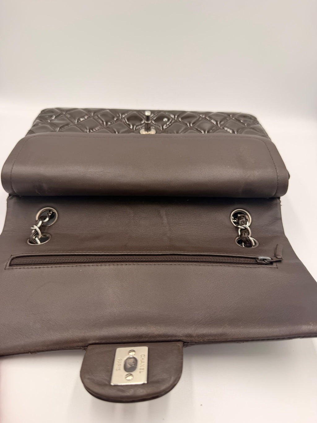 Chanel Classic Medium Double Flap Bag — Dark Brown Patent Leather
