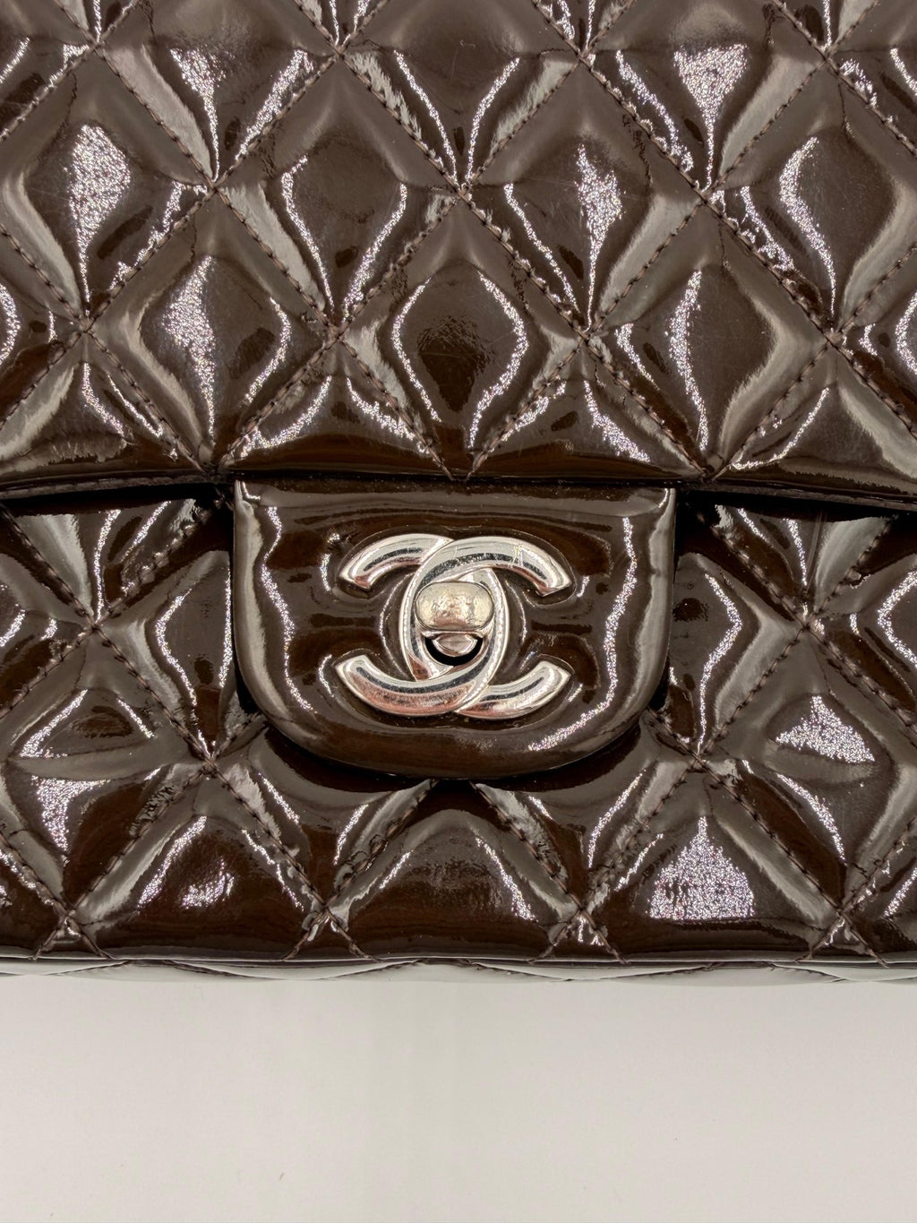 Chanel Classic Medium Double Flap Bag — Dark Brown Patent Leather