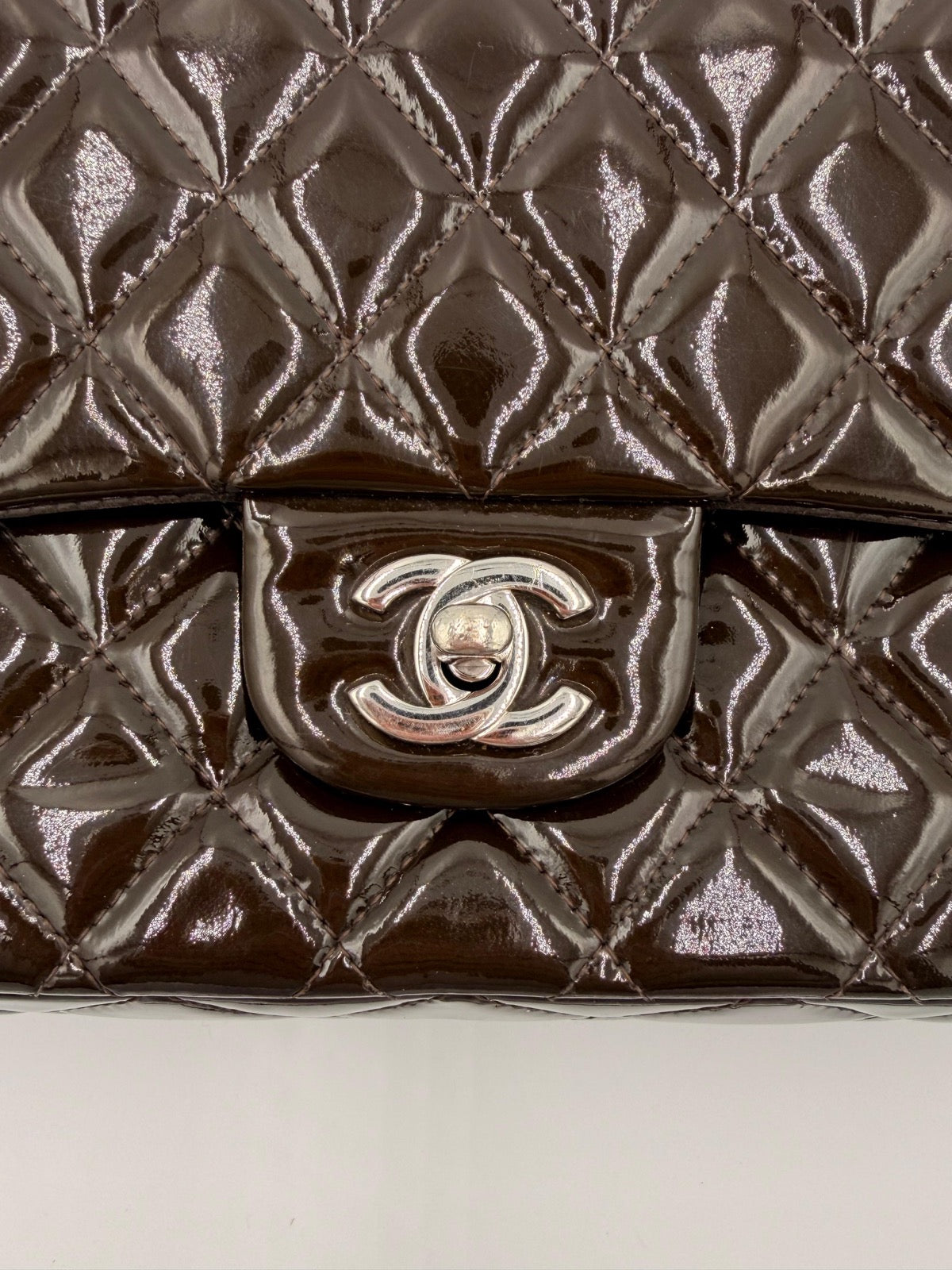 Chanel Classic Medium Double Flap Bag — Dark Brown Patent Leather