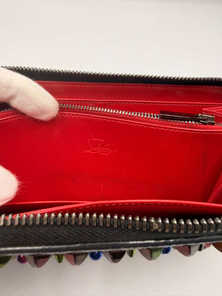 Christian Louboutin Panettone Zip Wallet — Black Patent, Multicolor Spikes