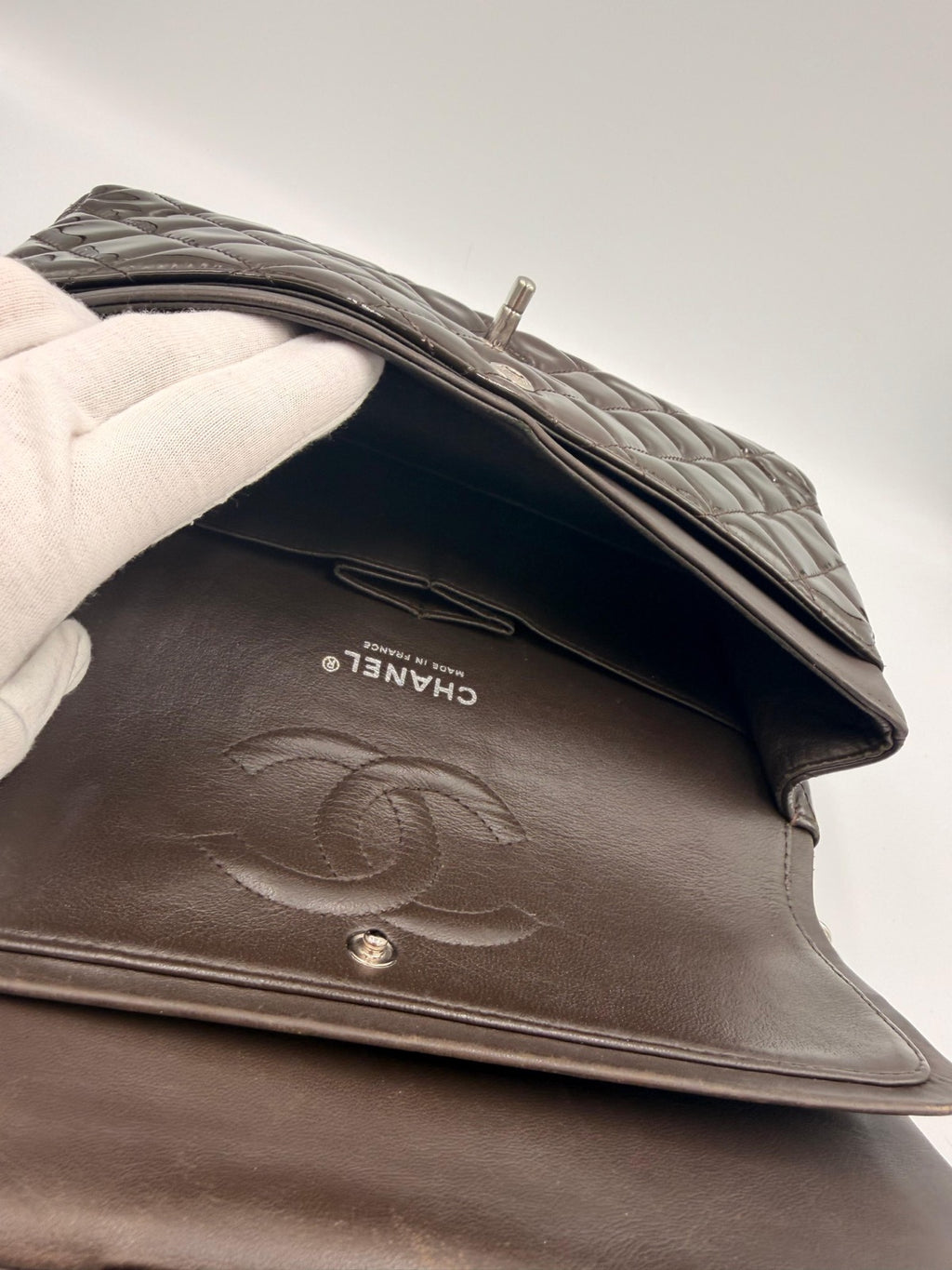 Chanel Classic Medium Double Flap Bag — Dark Brown Patent Leather