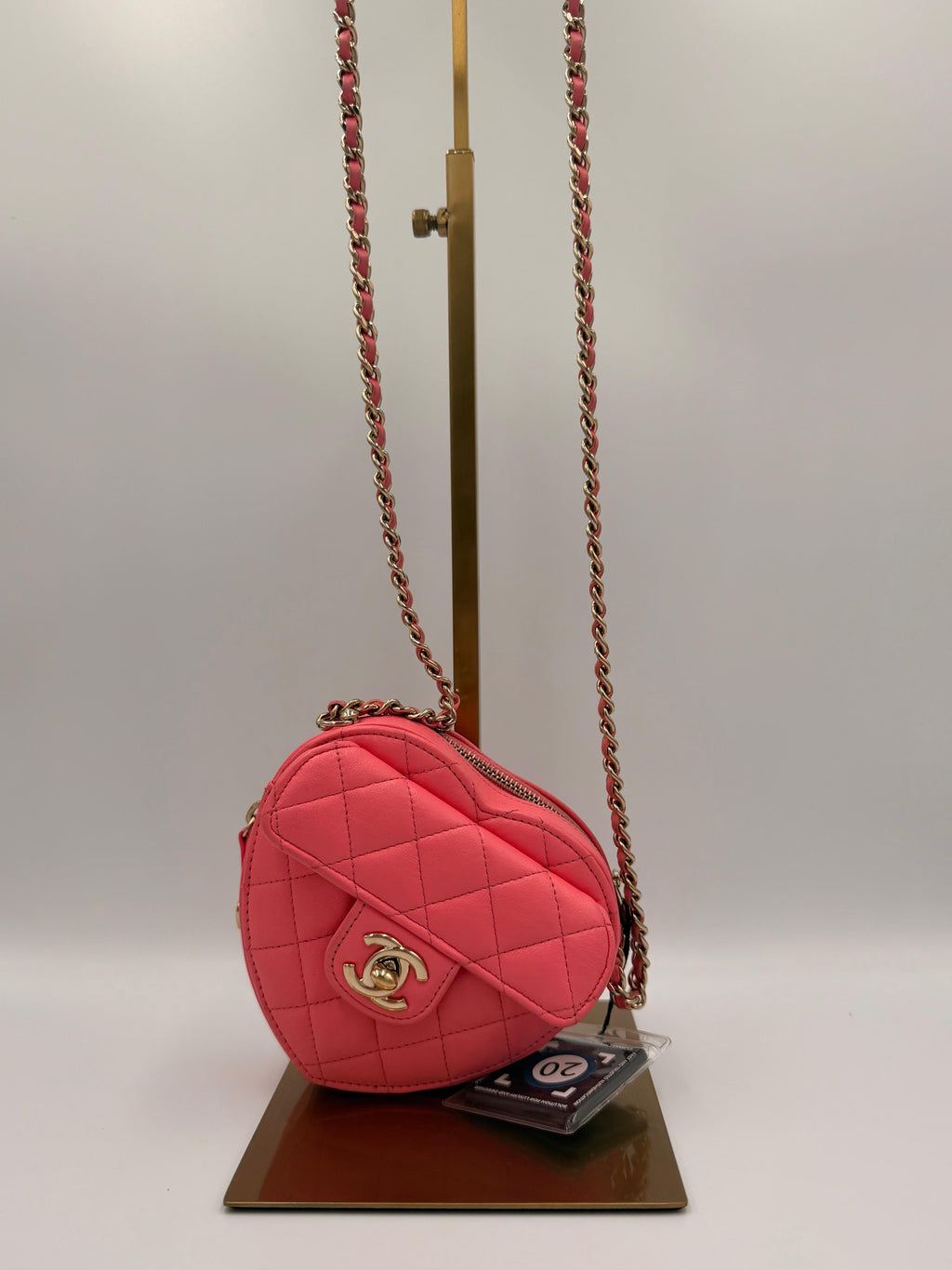Chanel CC In Love Heart Bag Coral Pink - Front on stand
