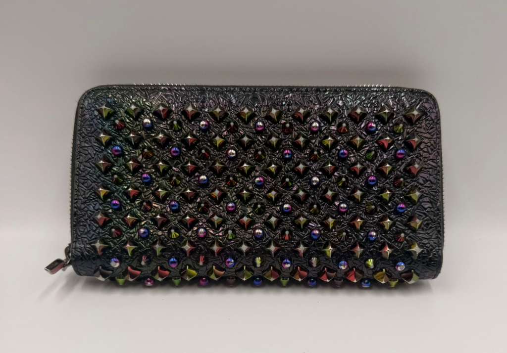 Christian Louboutin Panettone Zip Wallet — Black Patent, Multicolor Spikes