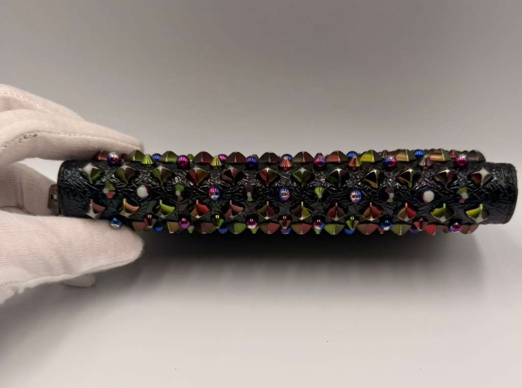 Christian Louboutin Panettone Zip Wallet — Black Patent, Multicolor Spikes