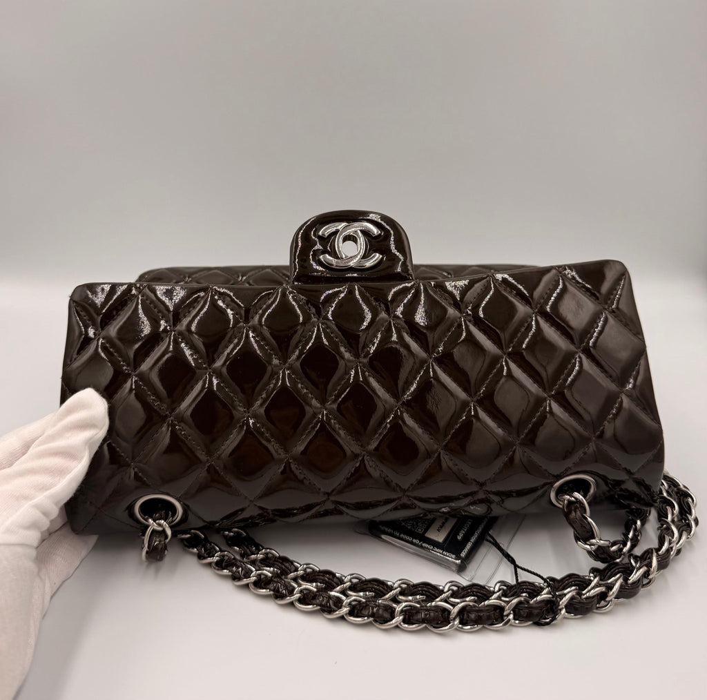 Chanel Classic Medium Double Flap Bag — Dark Brown Patent Leather
