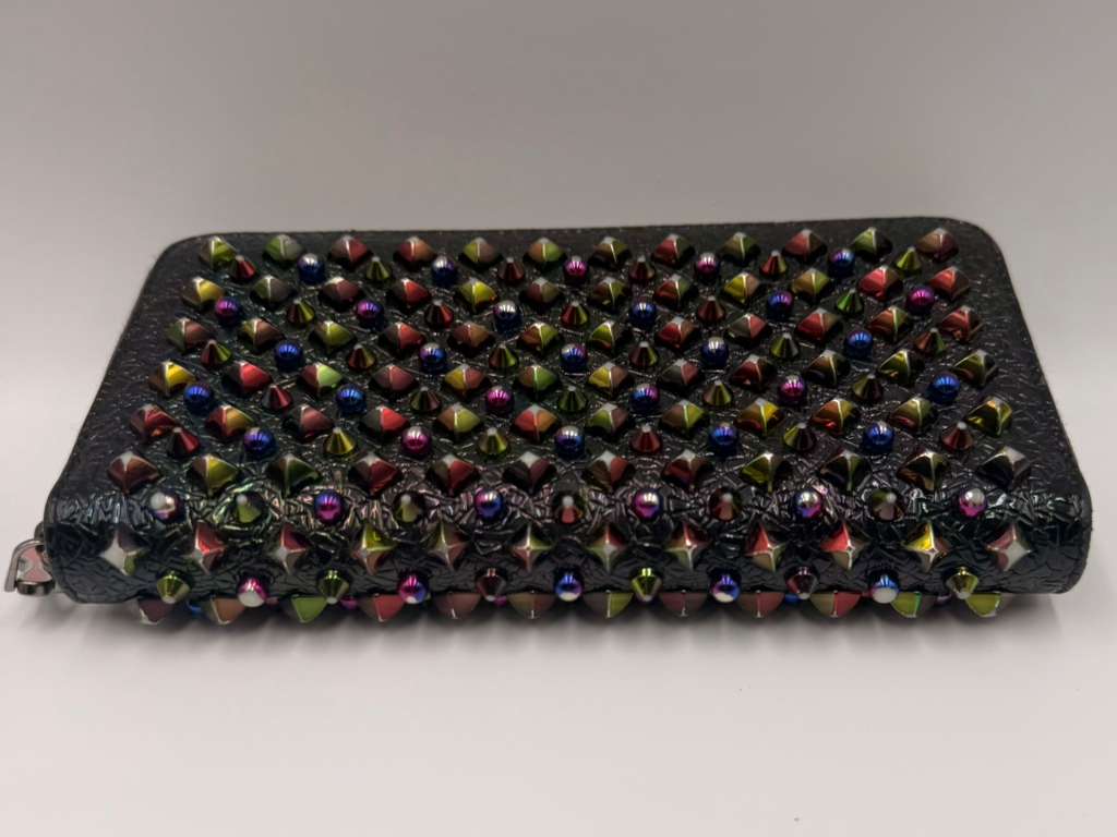 Christian Louboutin Panettone Zip Wallet — Black Patent, Multicolor Spikes
