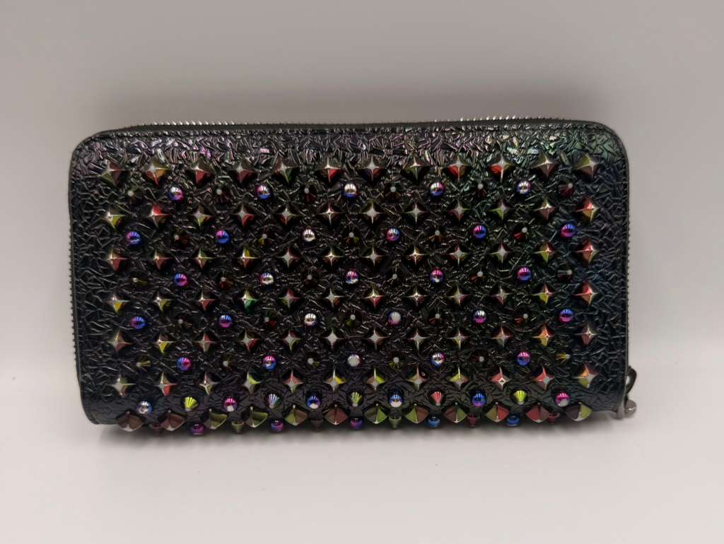 Christian Louboutin Panettone Zip Wallet — Black Patent, Multicolor Spikes