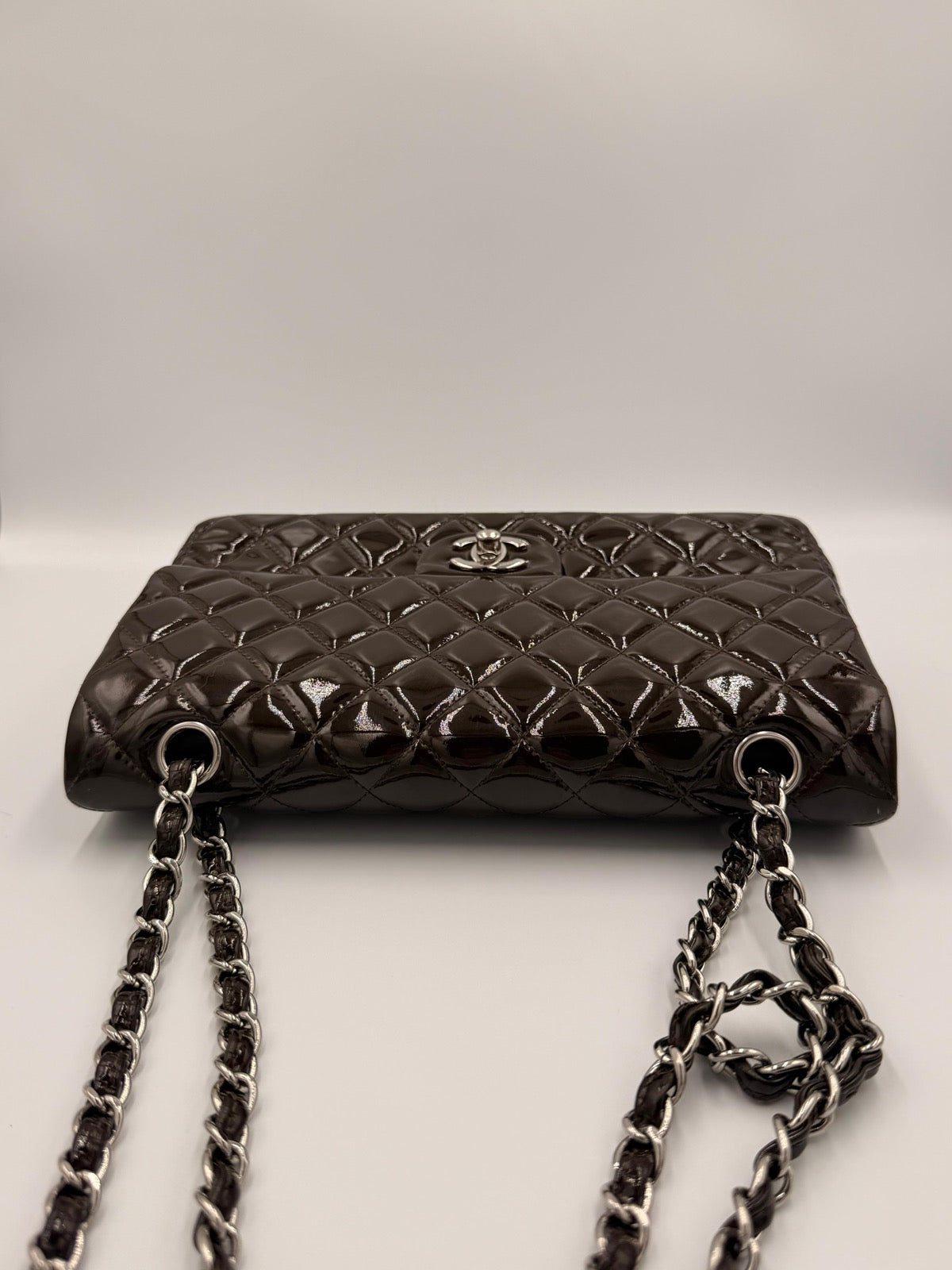 Chanel Classic Medium Double Flap Bag — Dark Brown Patent Leather