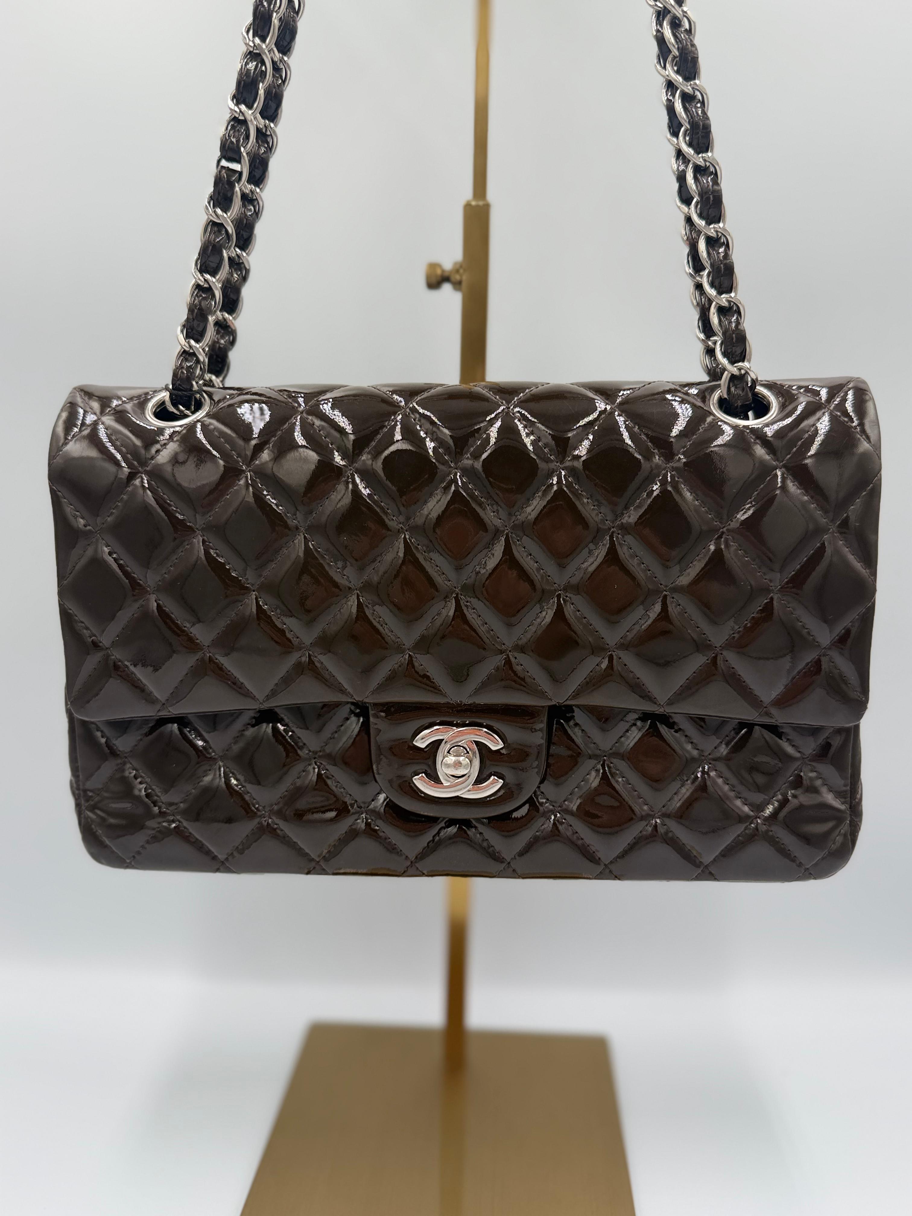 Chanel Classic Medium Double Flap Bag — Dark Brown Patent Leather