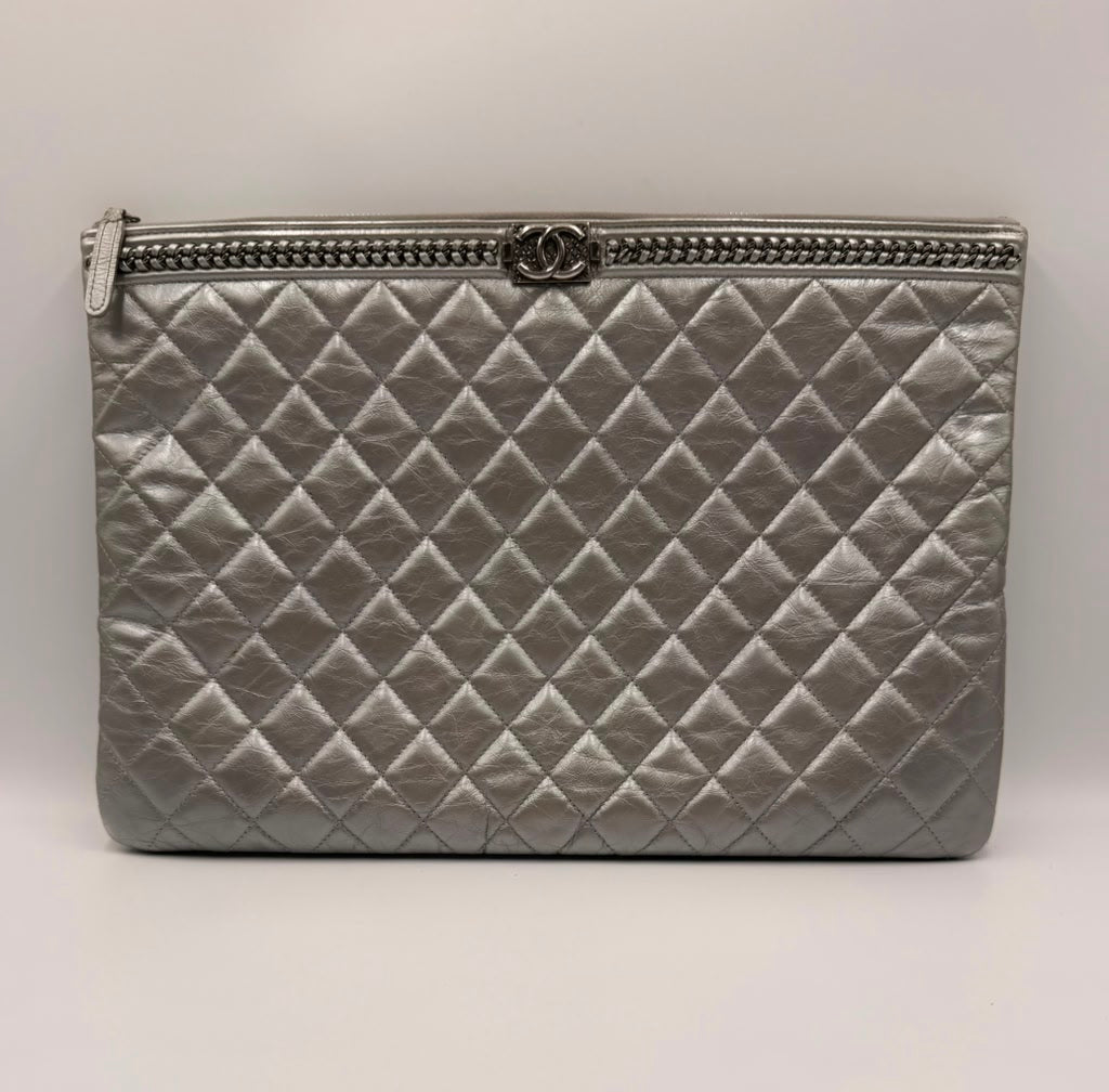 Chanel Boy O Case Large Clutch — Silver Metallic