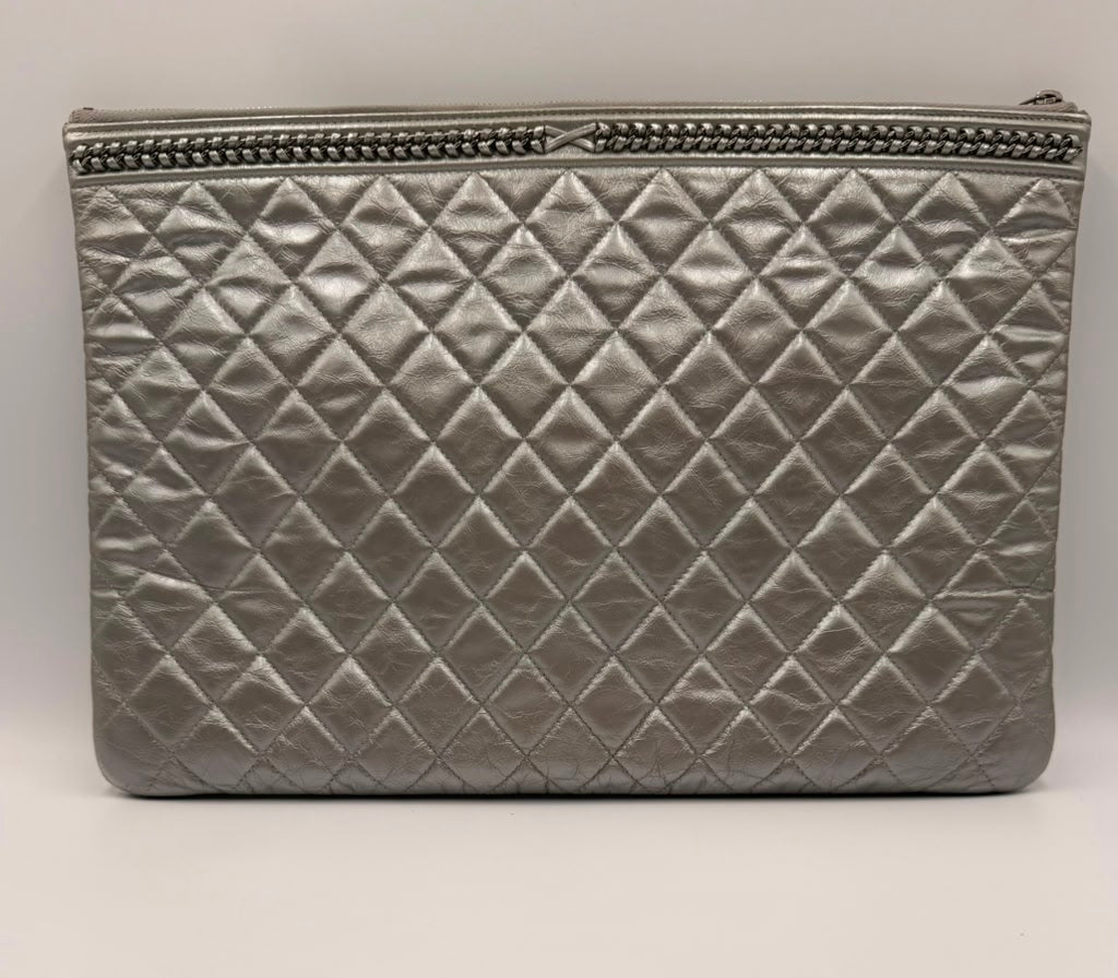 Chanel Boy O Case Large Clutch — Silver Metallic