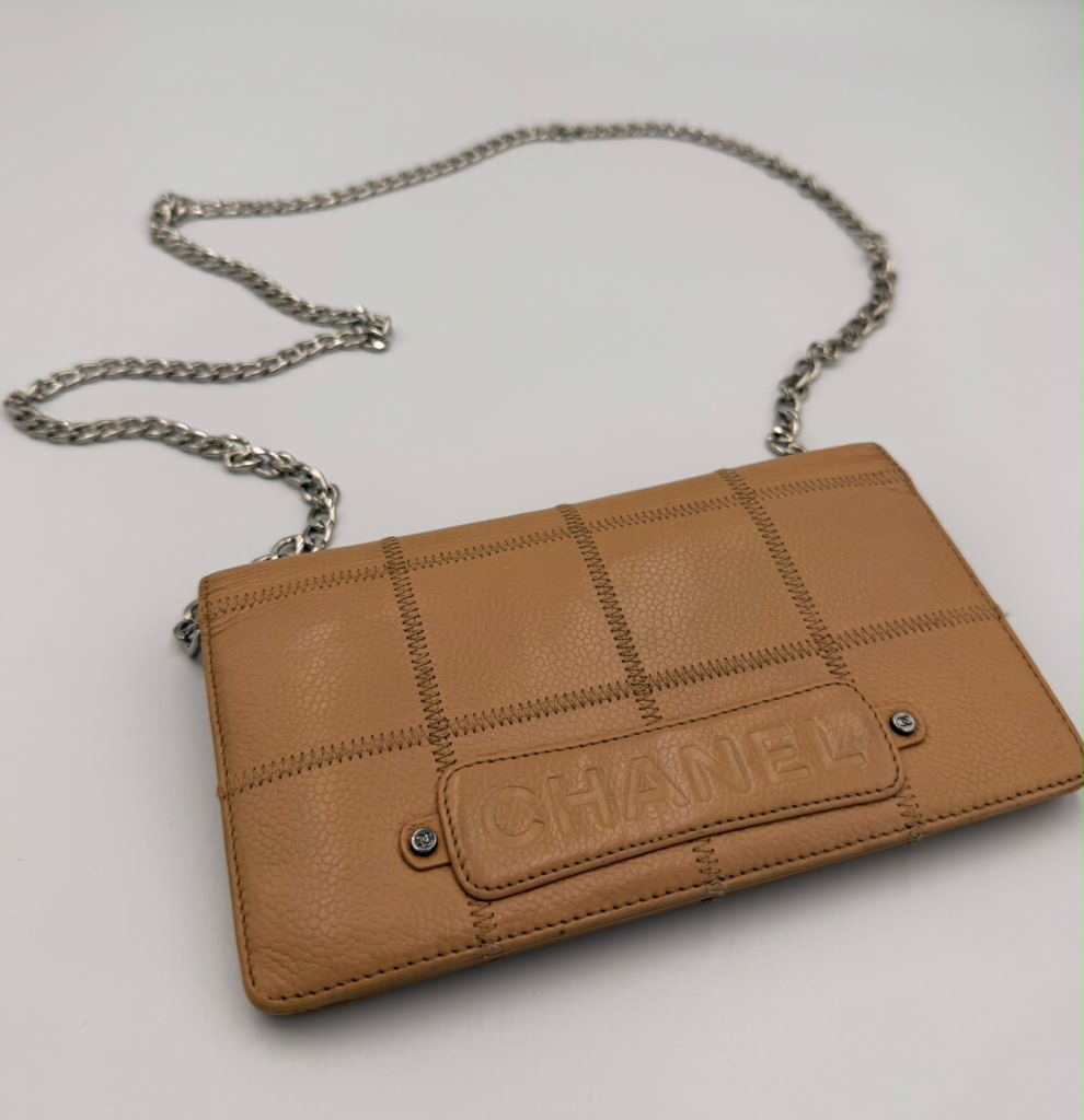 Chanel Chocolate Bar Quilted Caviar Wallet on Chain — Beige