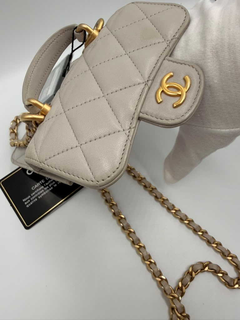 Chanel Mini Classic Flap with Top Handle — Light Blue Lambskin Aged Gold Hardware