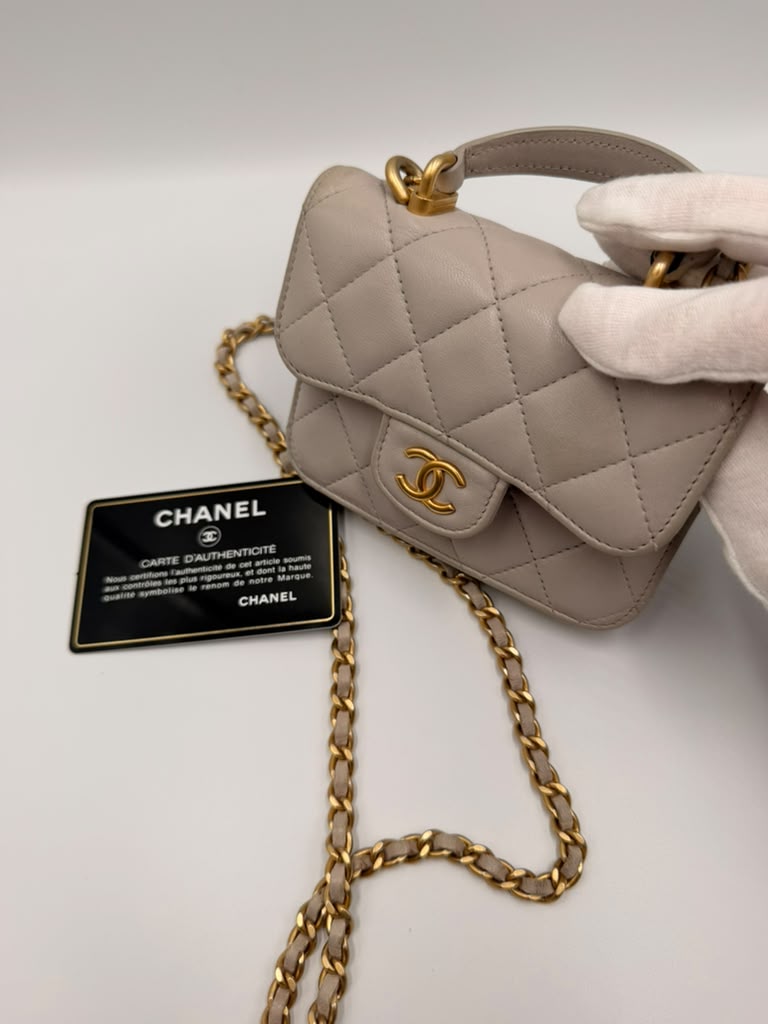 Chanel Mini Classic Flap with Top Handle — Light Blue Lambskin Aged Gold Hardware