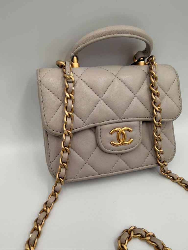 Chanel Mini Classic Flap with Top Handle — Light Blue Lambskin Aged Gold Hardware