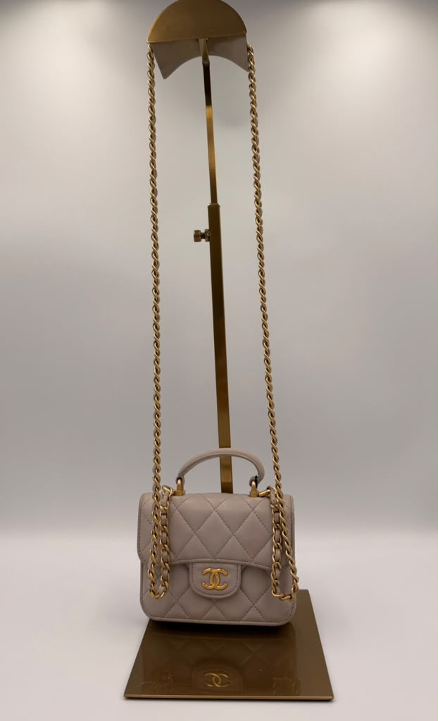 Chanel Mini Classic Flap with Top Handle — Light Blue Lambskin Aged Gold Hardware