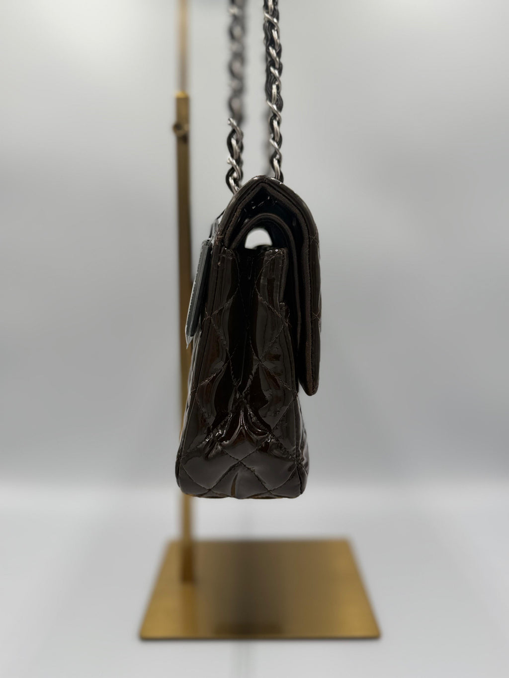 Chanel Classic Flap - Dark Brown Patent Front on Stand