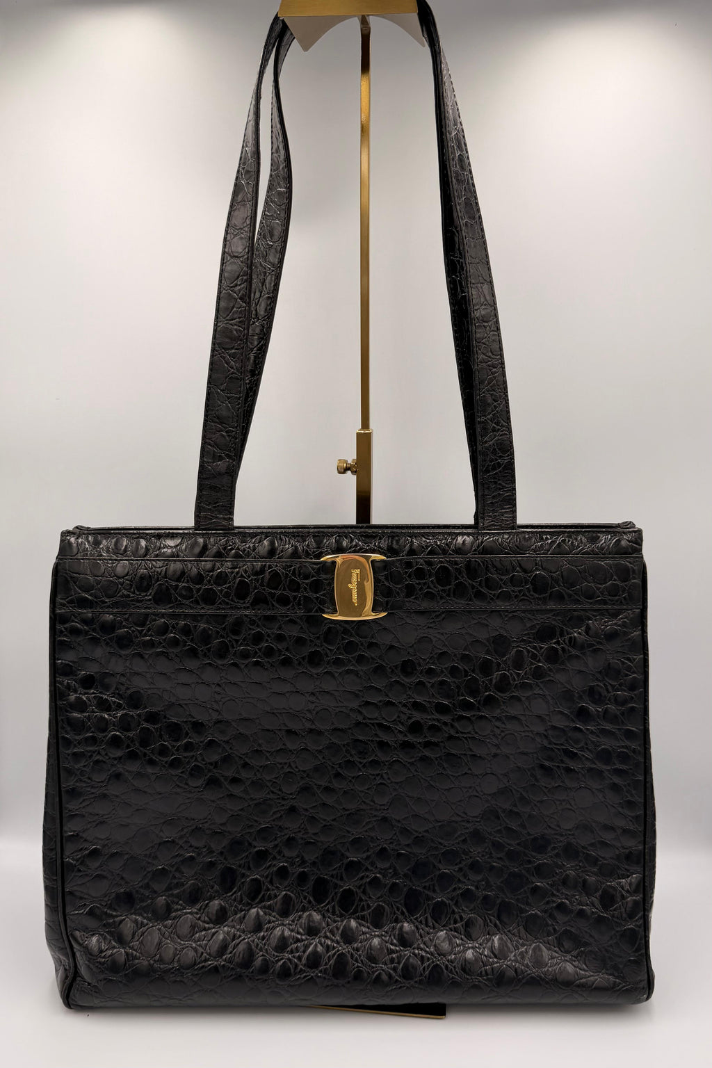 Salvatore Ferragamo Vara Bow Tote — Black Croc-Embossed