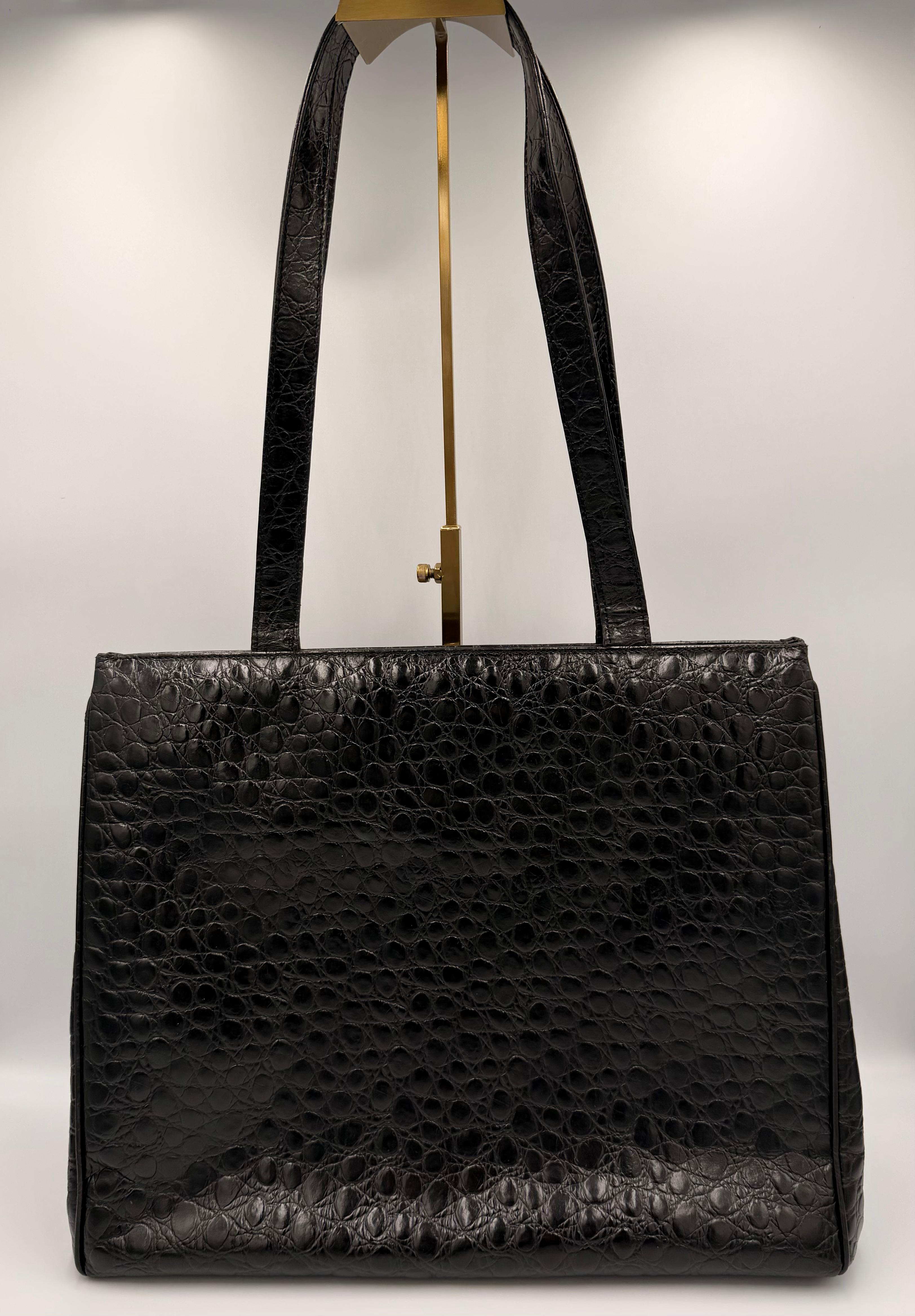 Salvatore Ferragamo Vara Bow Tote — Black Croc-Embossed