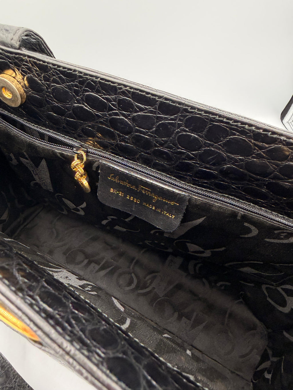 Salvatore Ferragamo Vara Bow Tote — Black Croc-Embossed