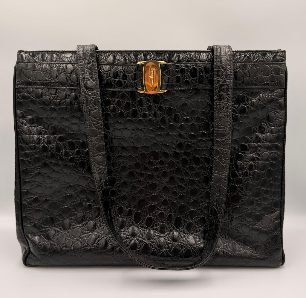 Salvatore Ferragamo Vara Bow Tote — Black Croc-Embossed
