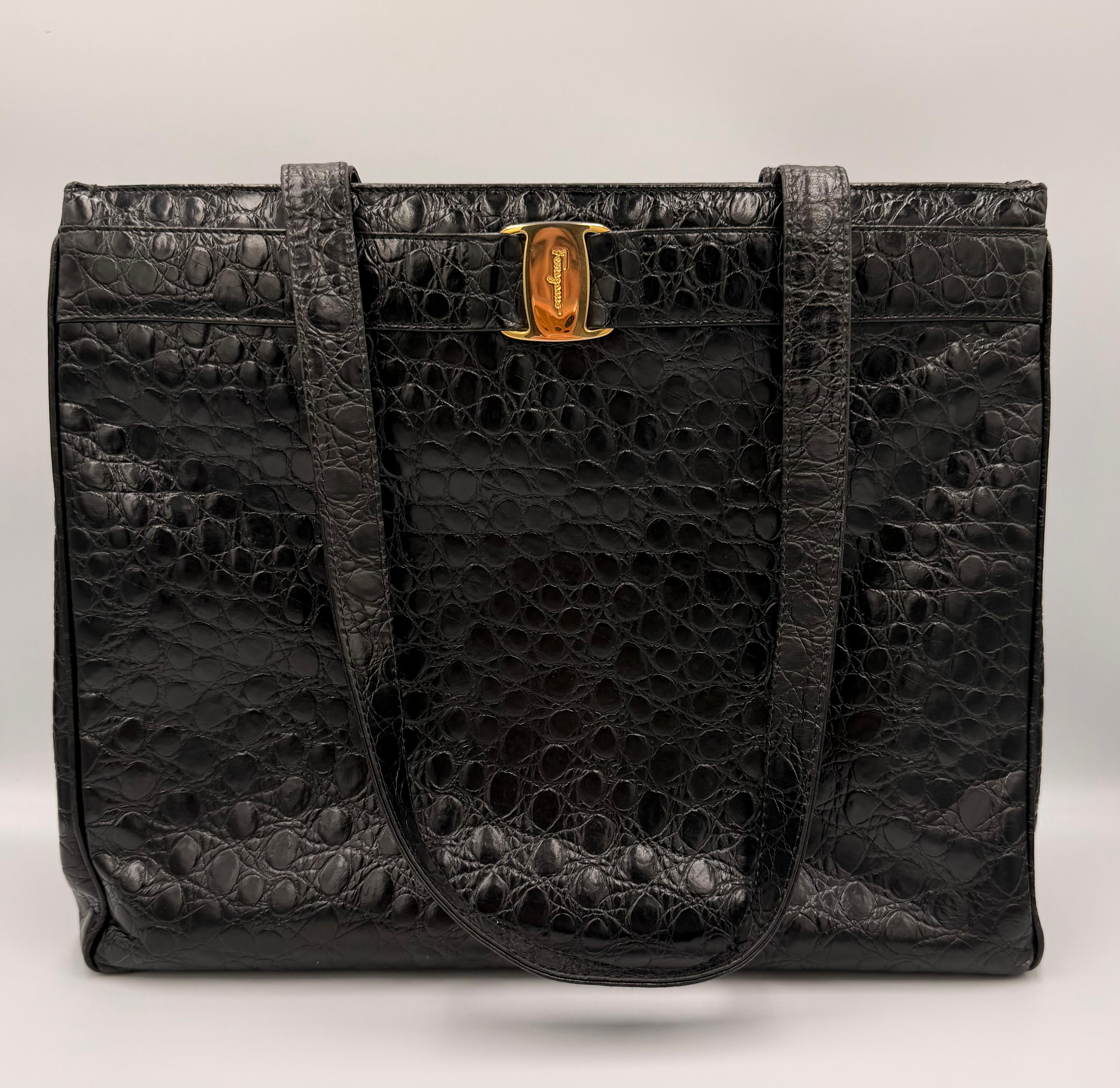 Salvatore Ferragamo Vara Bow Tote — Black Croc-Embossed