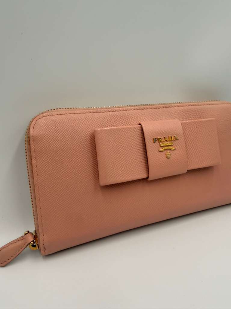 Prada Saffiano Leather Bow Zip Around Wallet — Cipria Pink