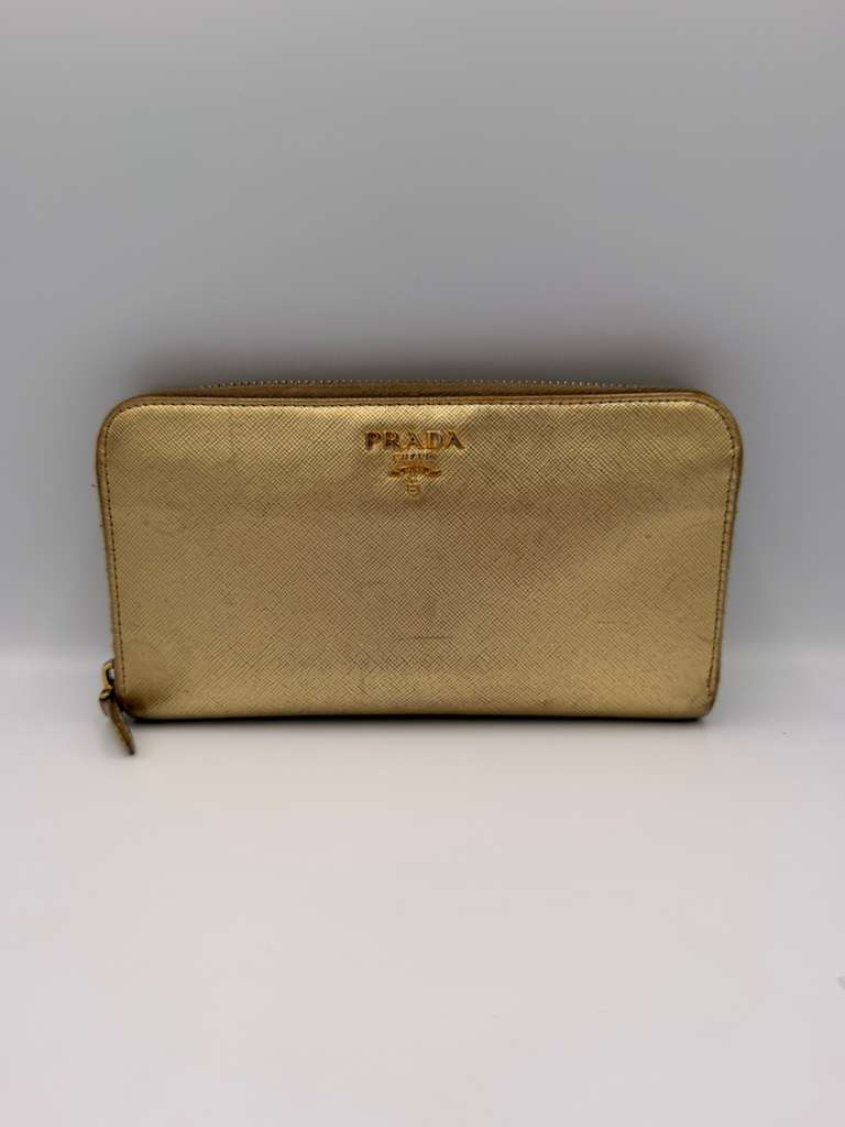 Prada Saffiano Metal Zip Around Wallet — Pirite Gold