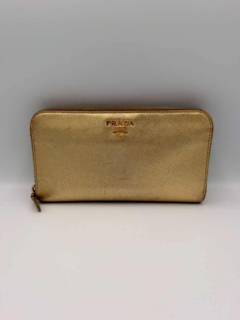Prada Saffiano Metal Zip Around Wallet — Pirite Gold