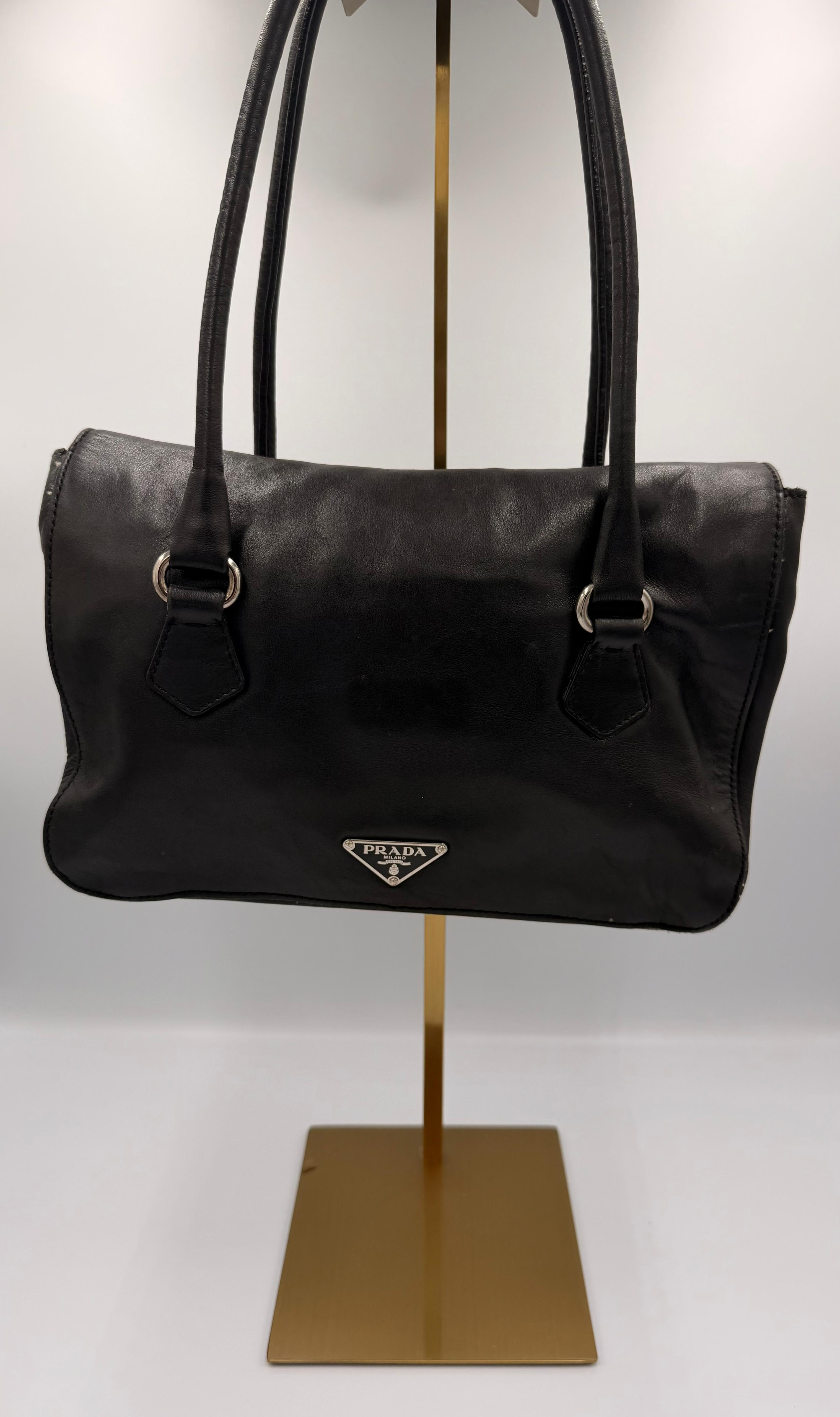 Prada Leather Push-Lock Shoulder Bag — Black