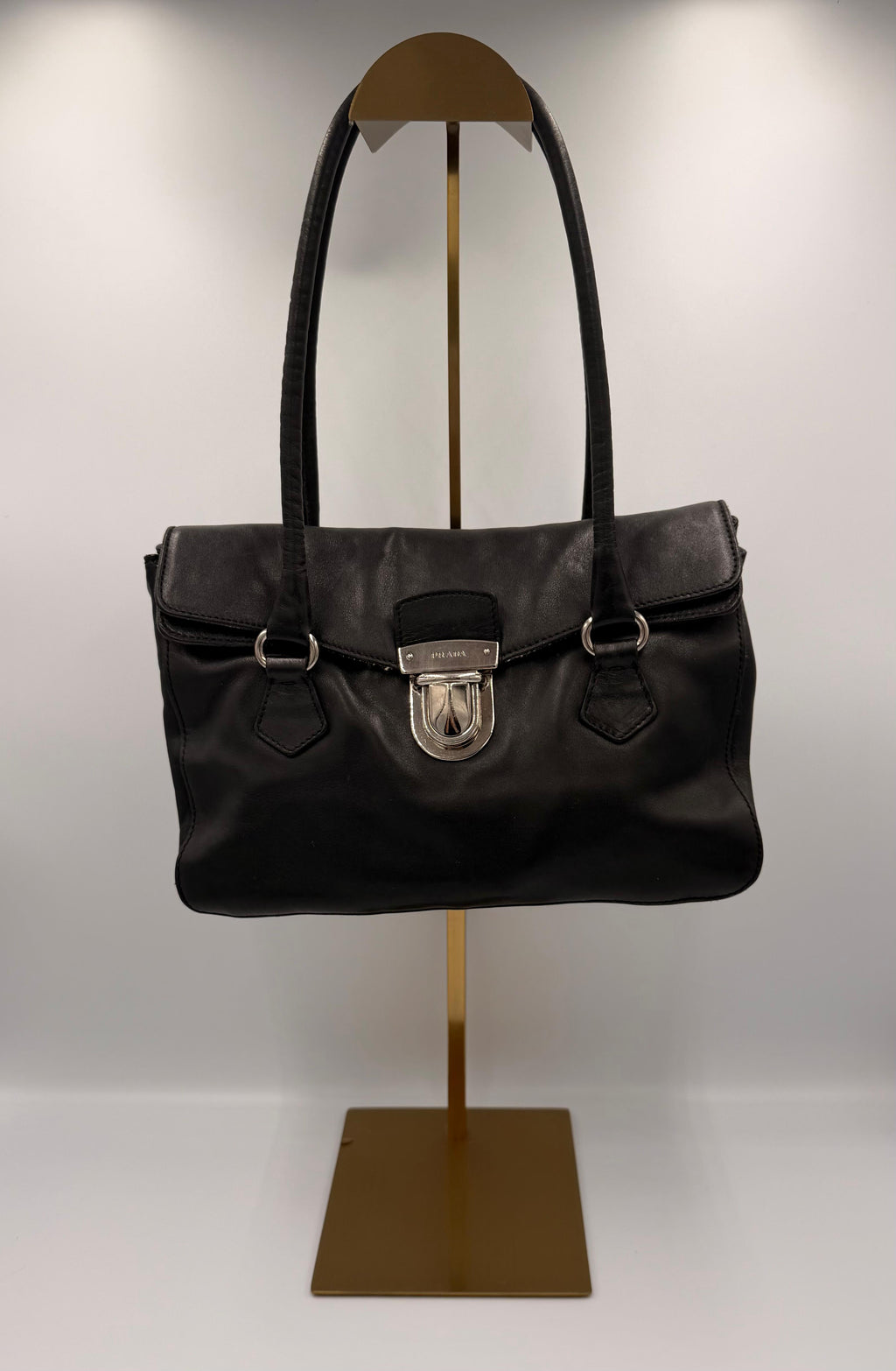 Prada Leather Push-Lock Shoulder Bag — Black