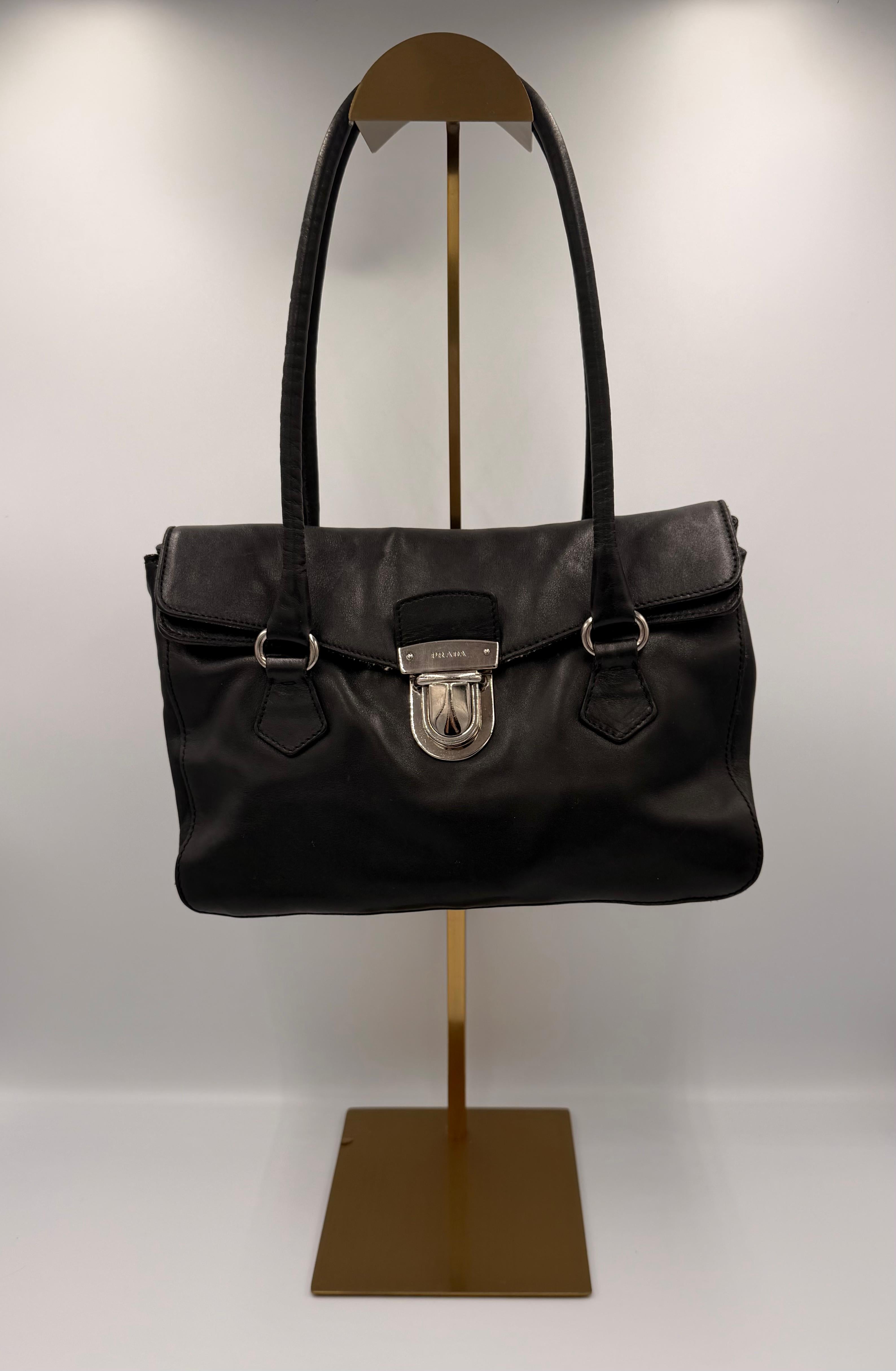 Prada Leather Push-Lock Shoulder Bag — Black