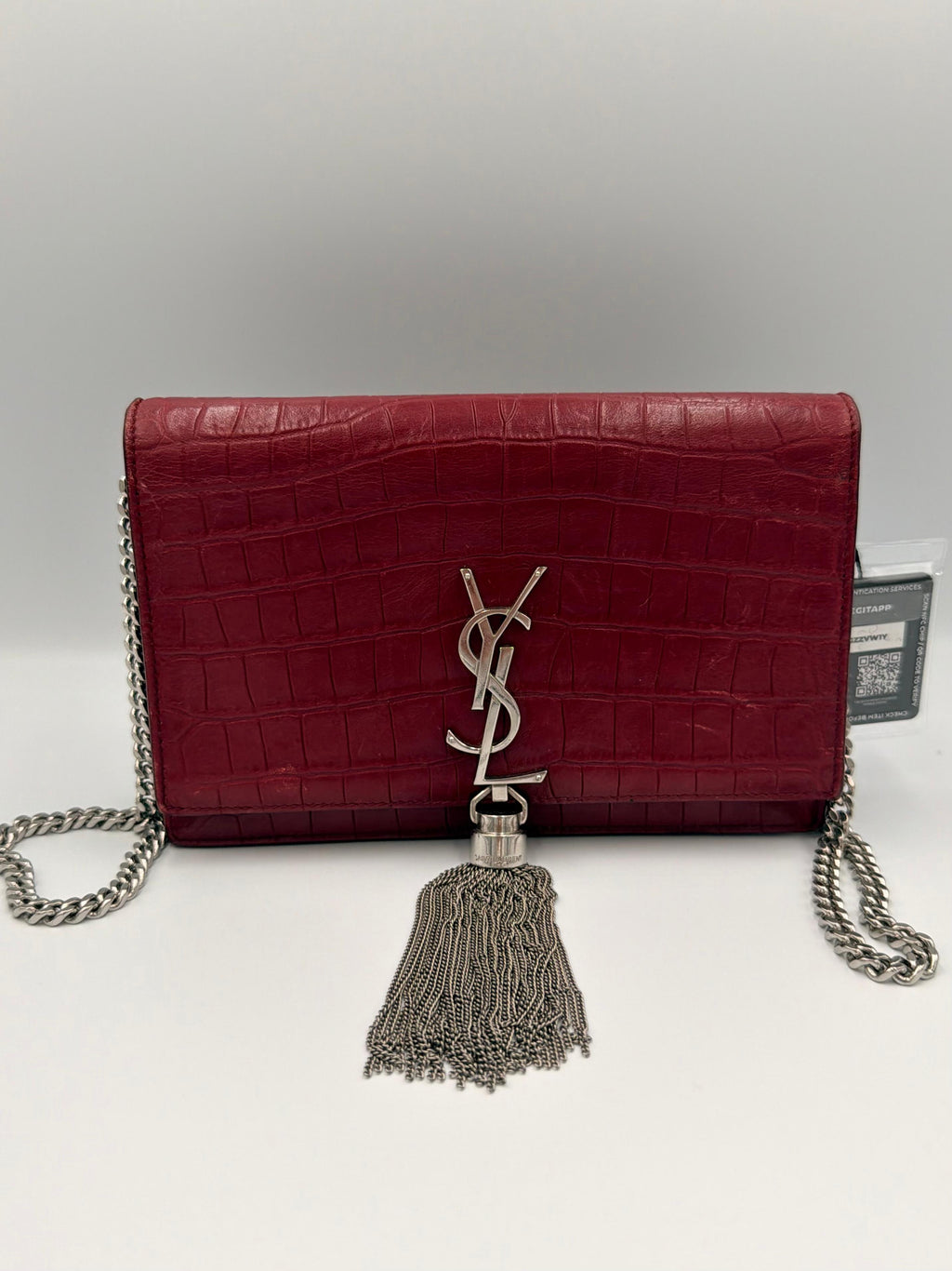 Saint Laurent Kate Tassel Chain Wallet — Red Croc-Embossed