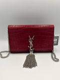 Saint Laurent Kate Tassel Chain Wallet — Red Croc-Embossed