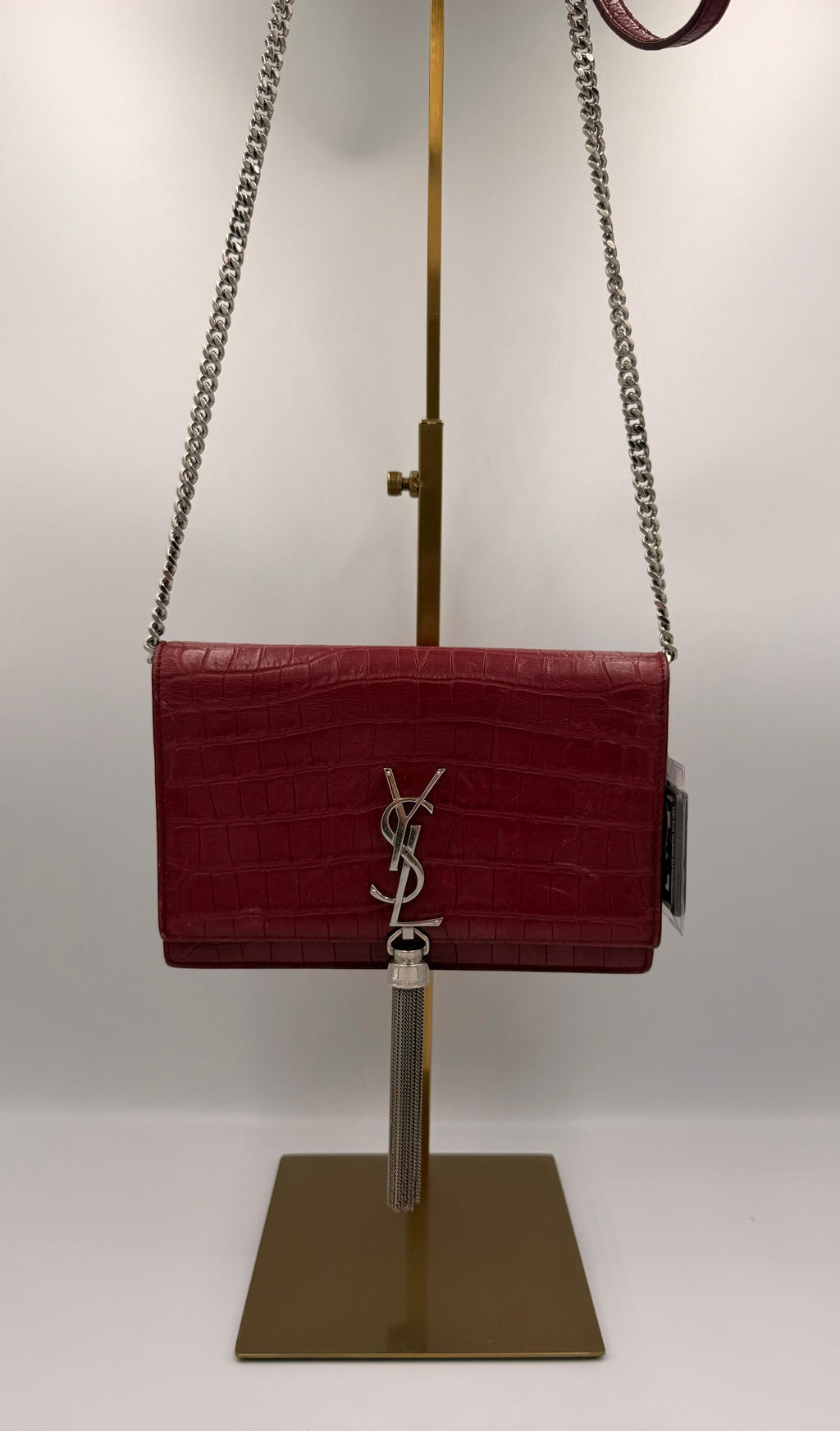 Saint Laurent Kate Tassel Chain Wallet — Red Croc-Embossed