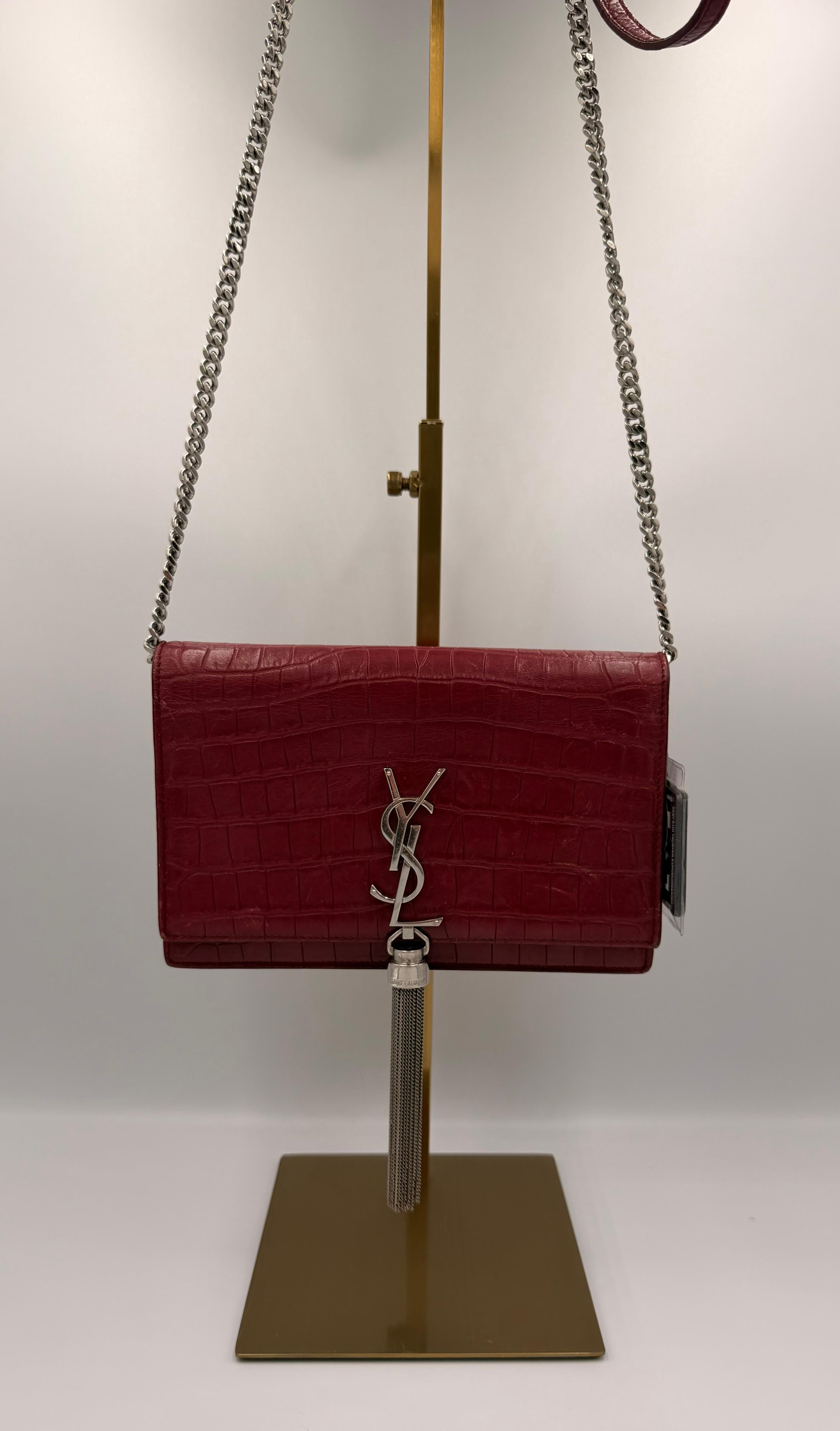 Saint Laurent Kate Tassel Chain Wallet — Red Croc-Embossed