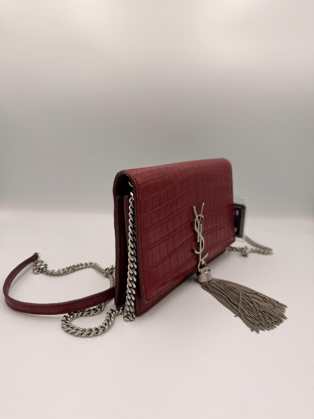 Saint Laurent Kate Tassel Chain Wallet — Red Croc-Embossed