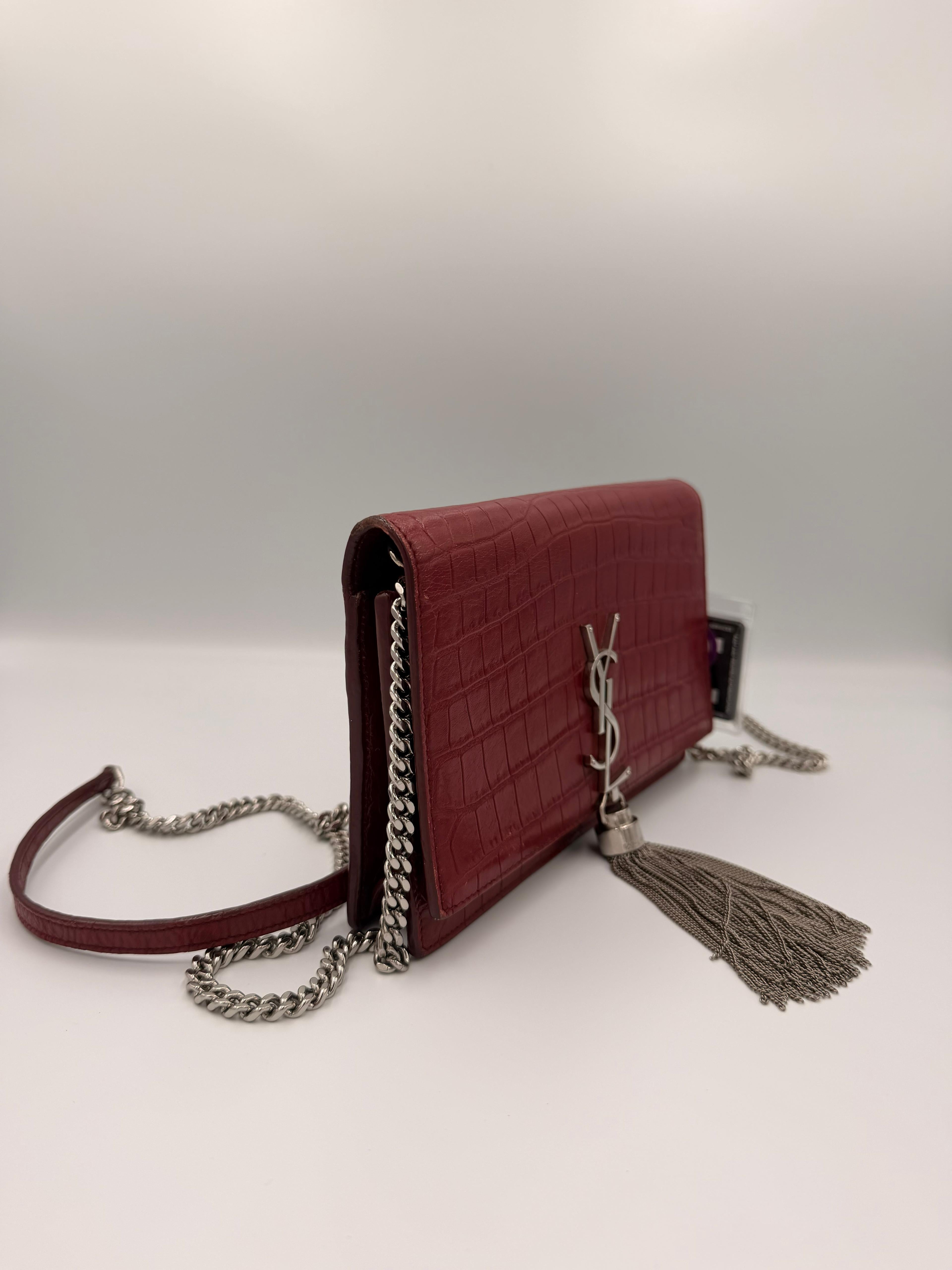 Saint Laurent Kate Tassel Chain Wallet — Red Croc-Embossed