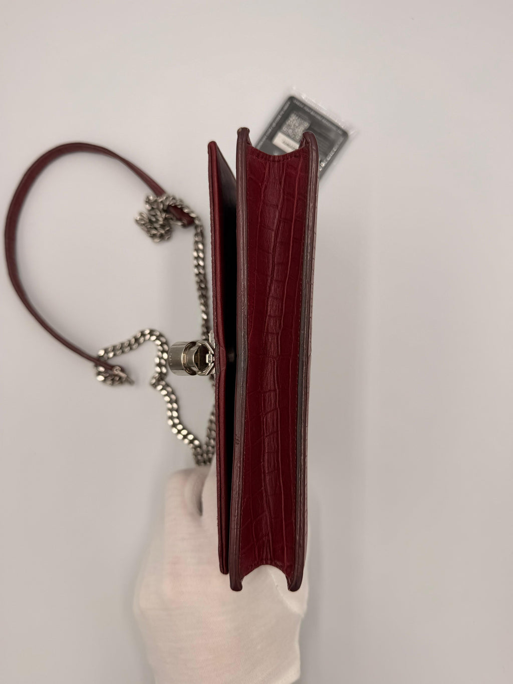 Saint Laurent Kate Tassel Chain Wallet — Red Croc-Embossed