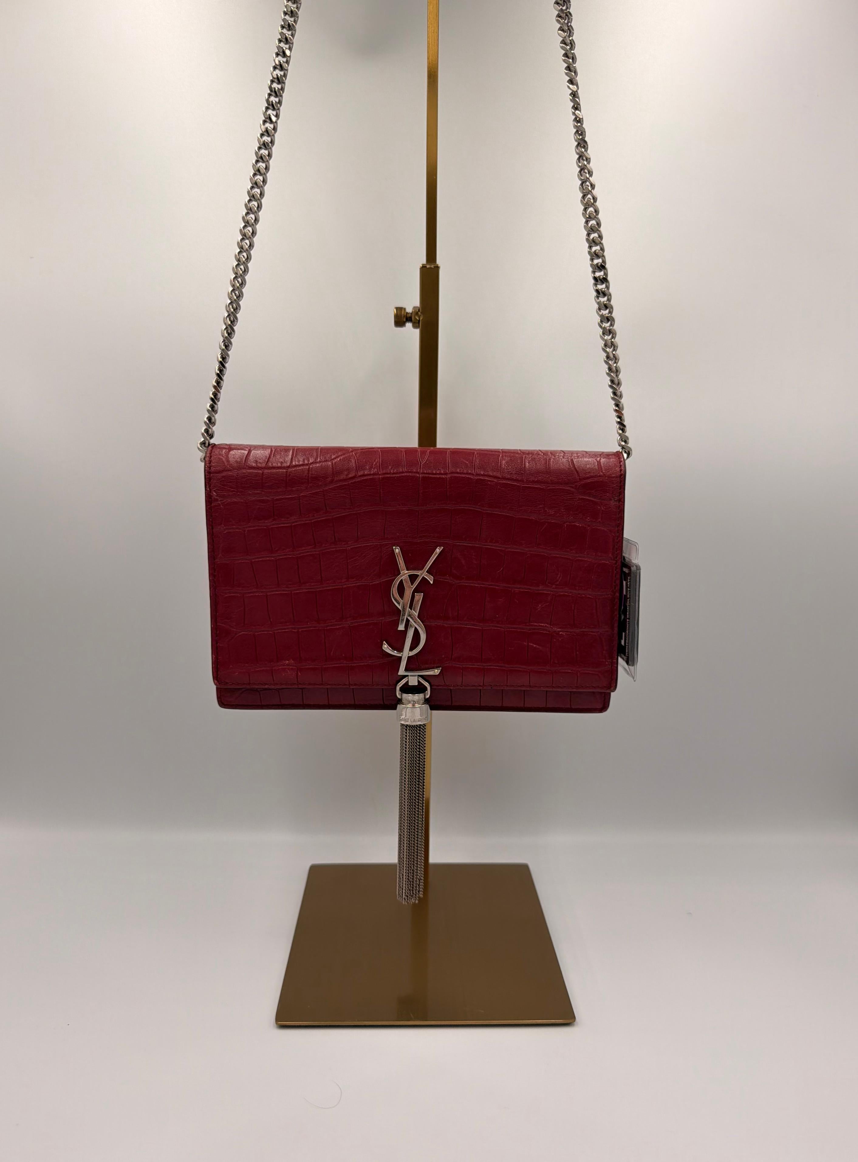 Saint Laurent Kate Tassel Chain Wallet — Red Croc-Embossed