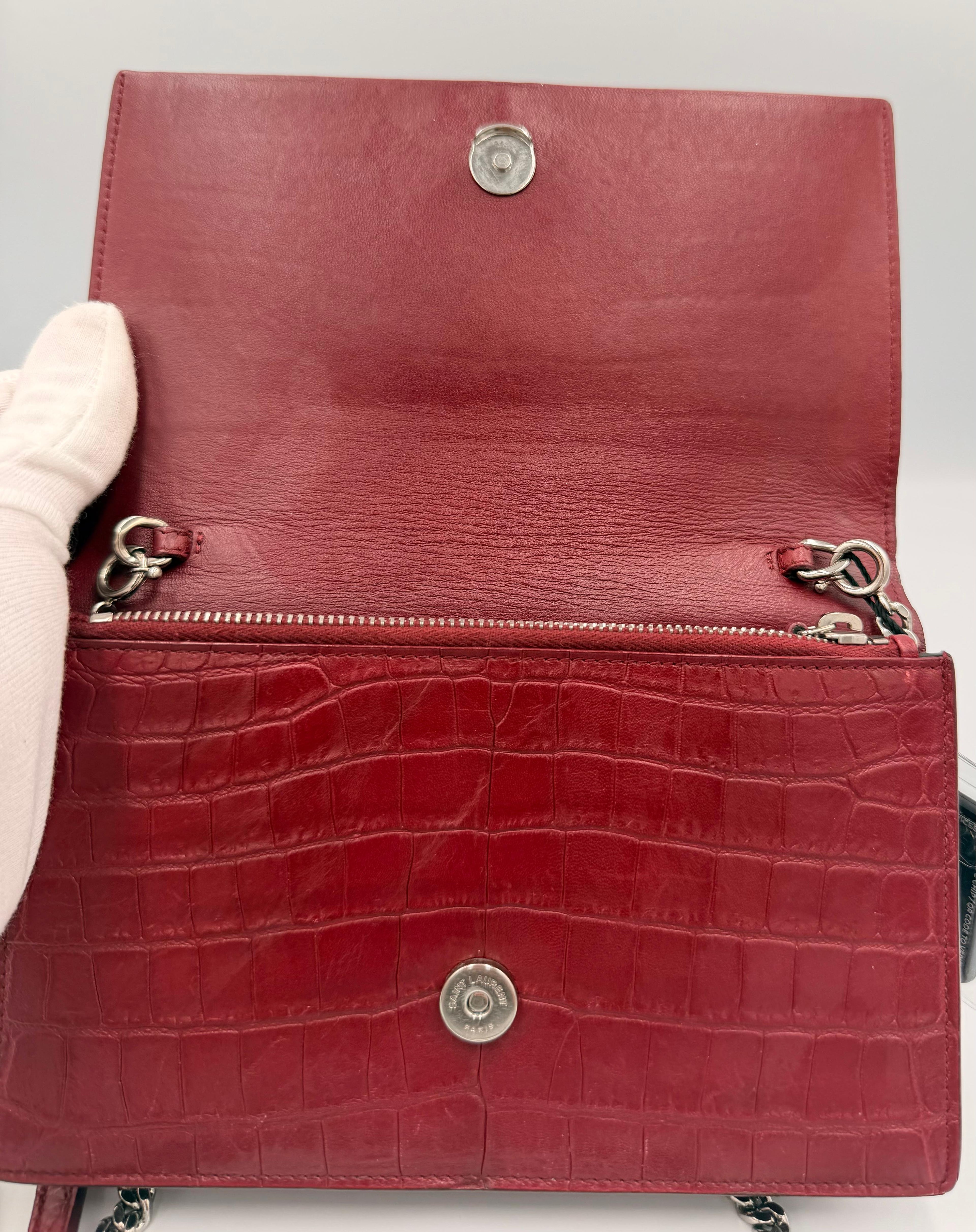Saint Laurent Kate Tassel Chain Wallet — Red Croc-Embossed