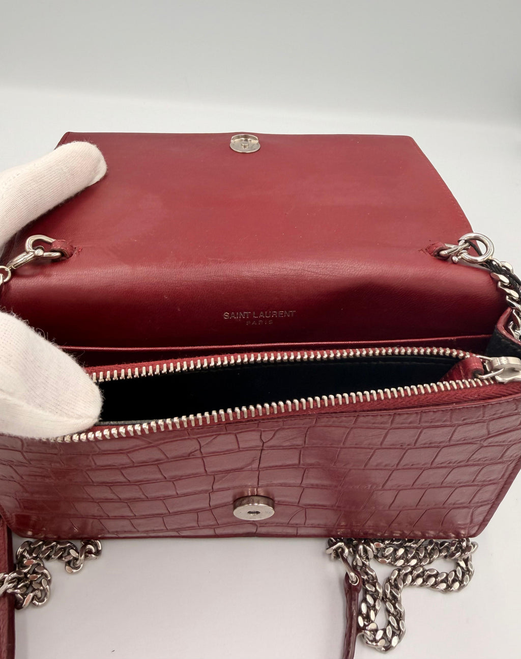 Saint Laurent Kate Tassel Chain Wallet — Red Croc-Embossed