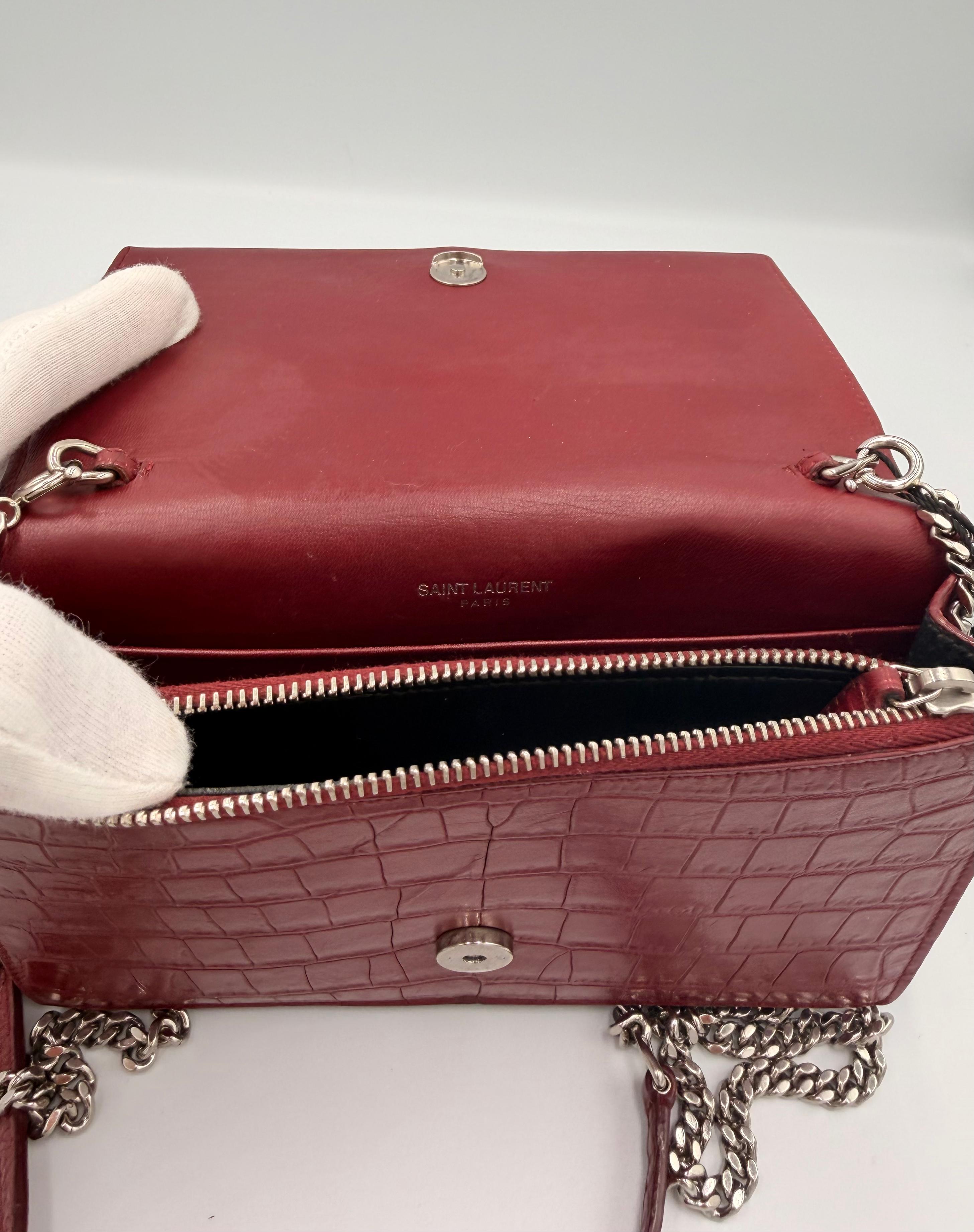 Saint Laurent Kate Tassel Chain Wallet — Red Croc-Embossed
