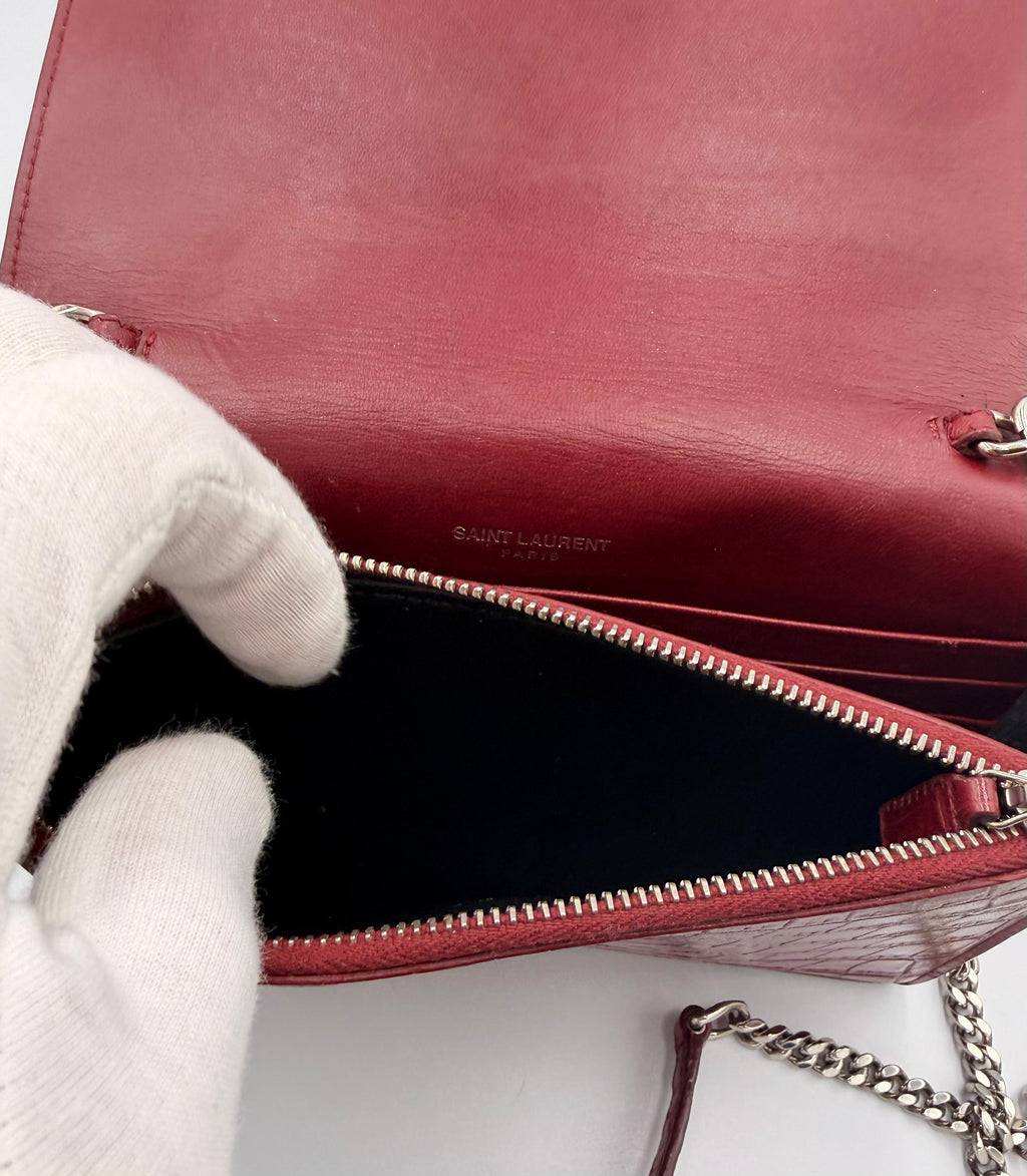 Saint Laurent Kate Tassel Chain Wallet — Red Croc-Embossed