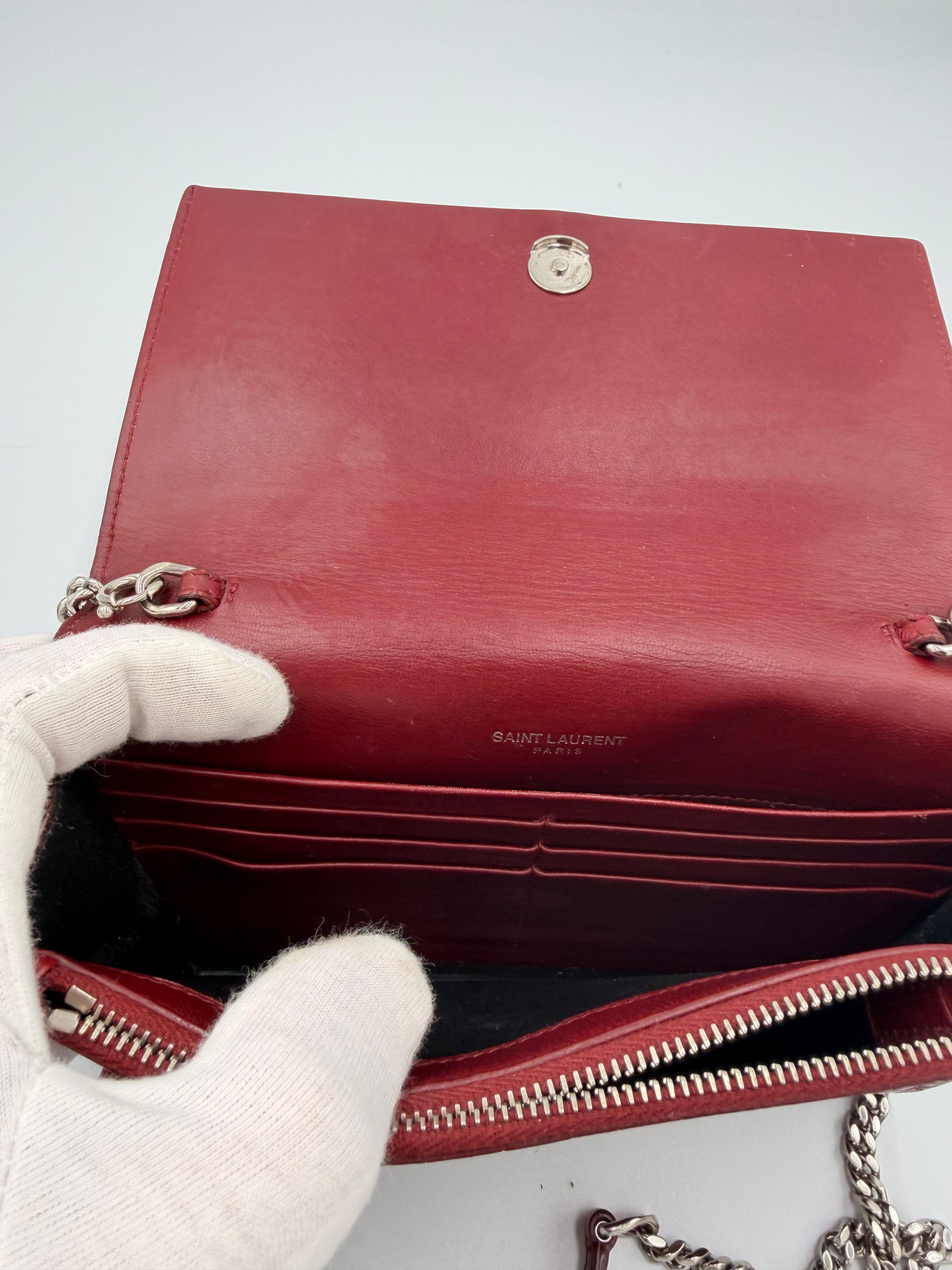 Saint Laurent Kate Tassel Chain Wallet — Red Croc-Embossed