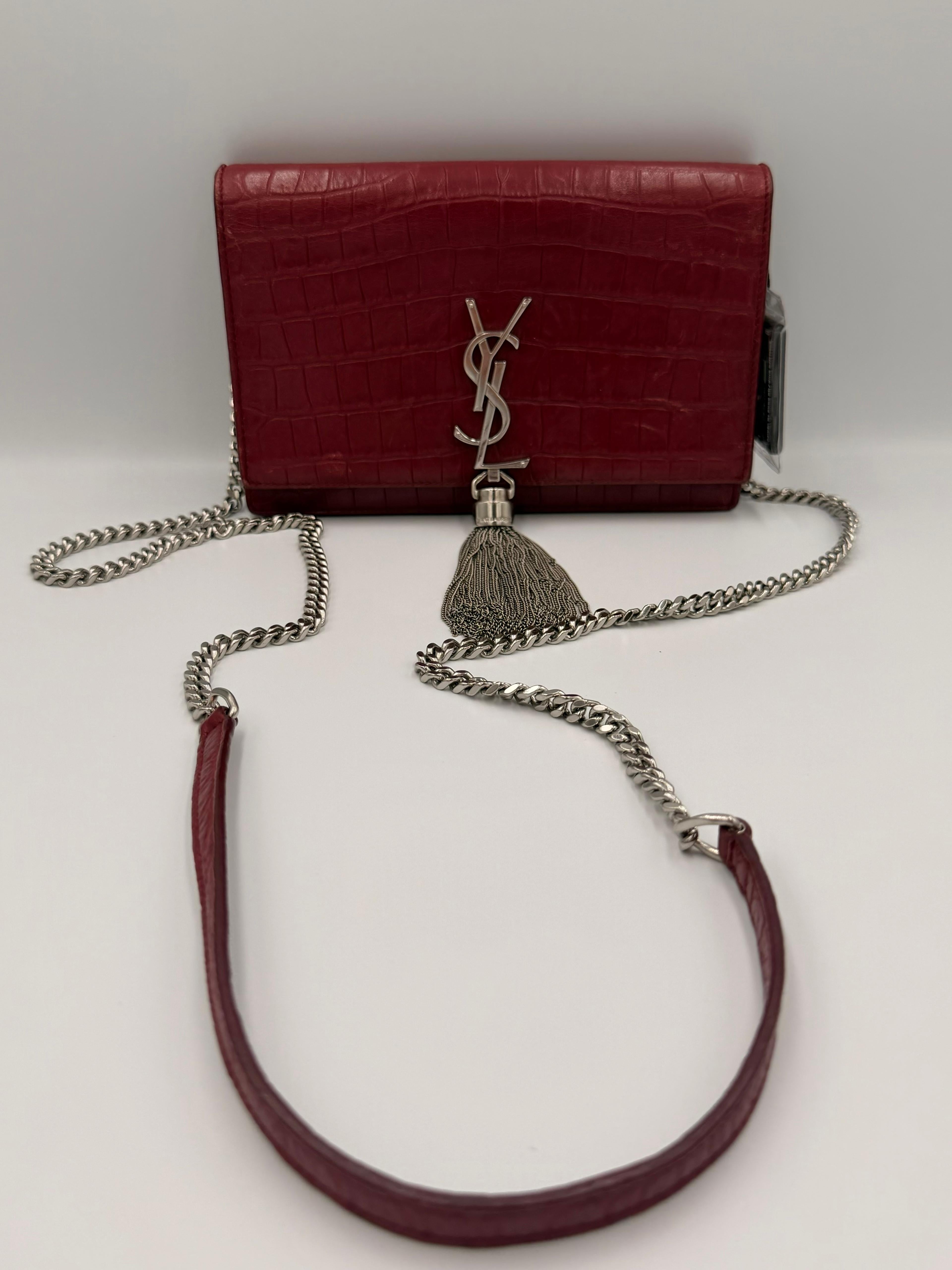 Saint Laurent Kate Tassel Chain Wallet — Red Croc-Embossed